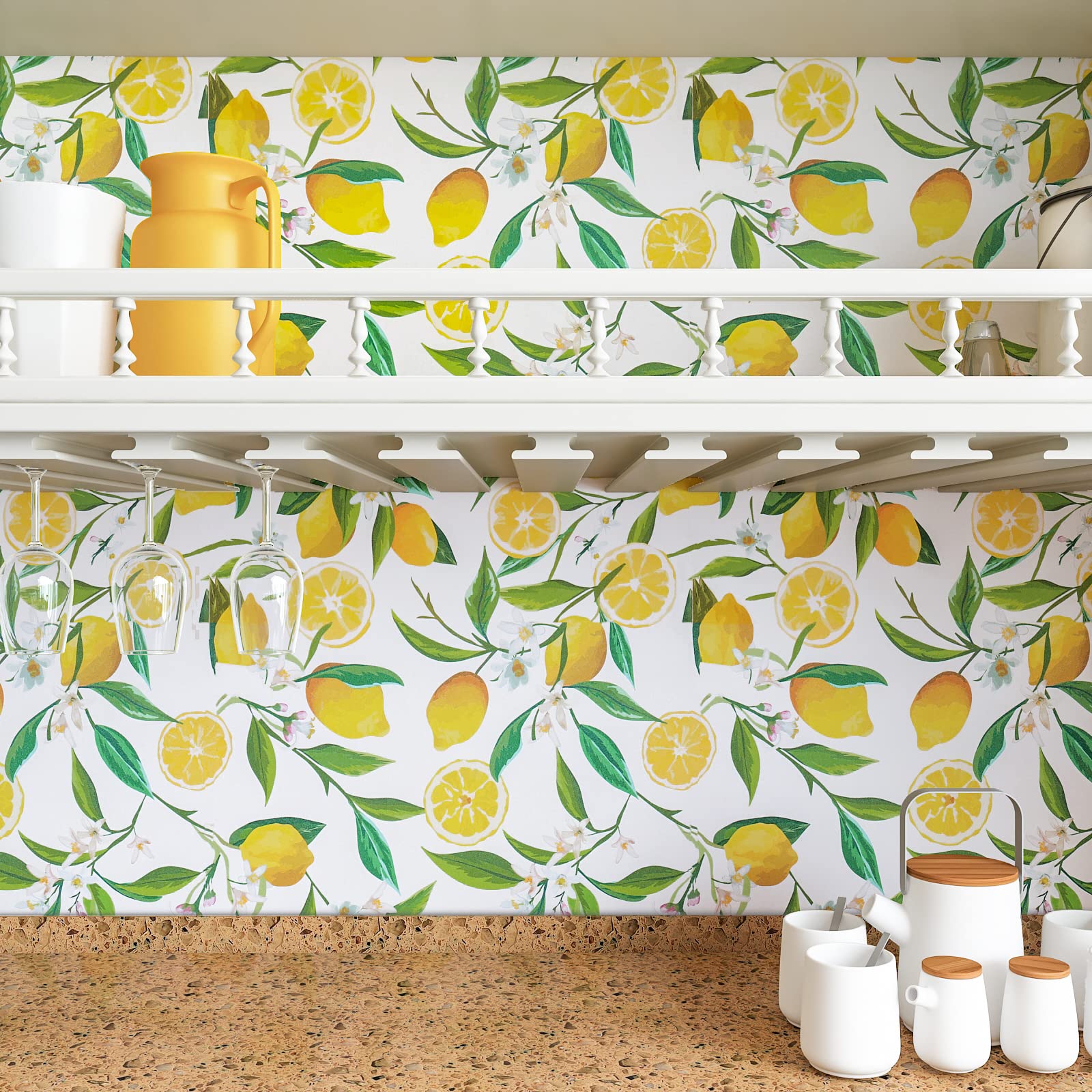 VEELIKE Papel Pintado Flores Limón Amarillas 44.5×900cm Papel Autoadhesivo Pared Floral Papel Pared Hojas Tropicales Fotomurales Decorativos Pared Cocina Lavable Papel Tapiz Baño Dormitorio Armarios