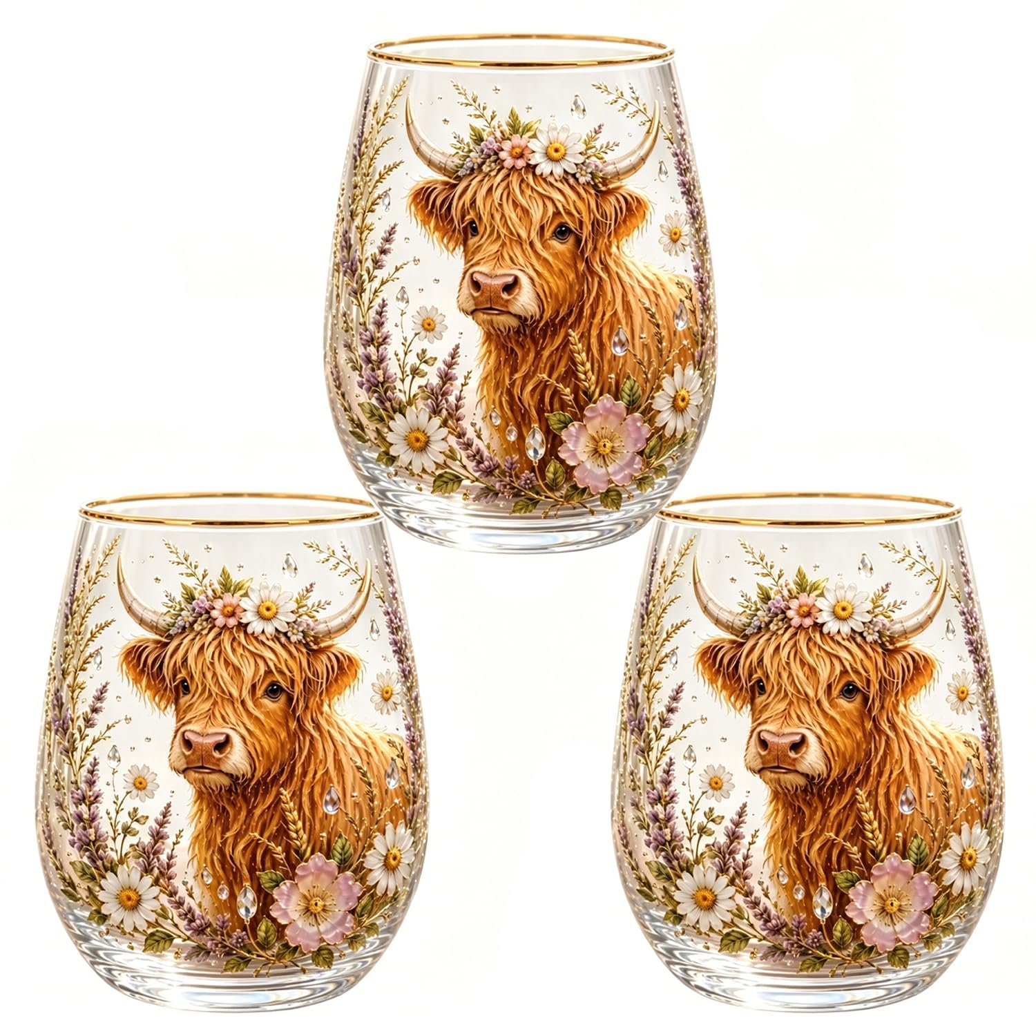 Highland Beauty Glas, handbemalte Highland-Kuh-Schönheits-Glasbecher, lustiges Highlandcow-Gläser-Geschenk-Set, Trinkglas für den täglichen Gebrauch und bedeutungsvolle Urlaubsgeschenke (3 Stück)