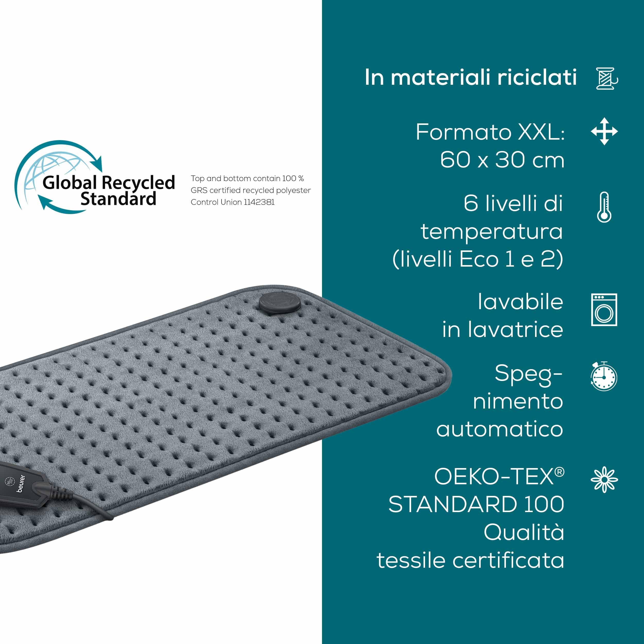 Beurer Termoforo HK 123 XXL Cosy Grey Termoforo traspirante a riscaldamento rapido in formato XXL 60 x 30 cm della serie Green Planet, Grigio in materiale riciclato