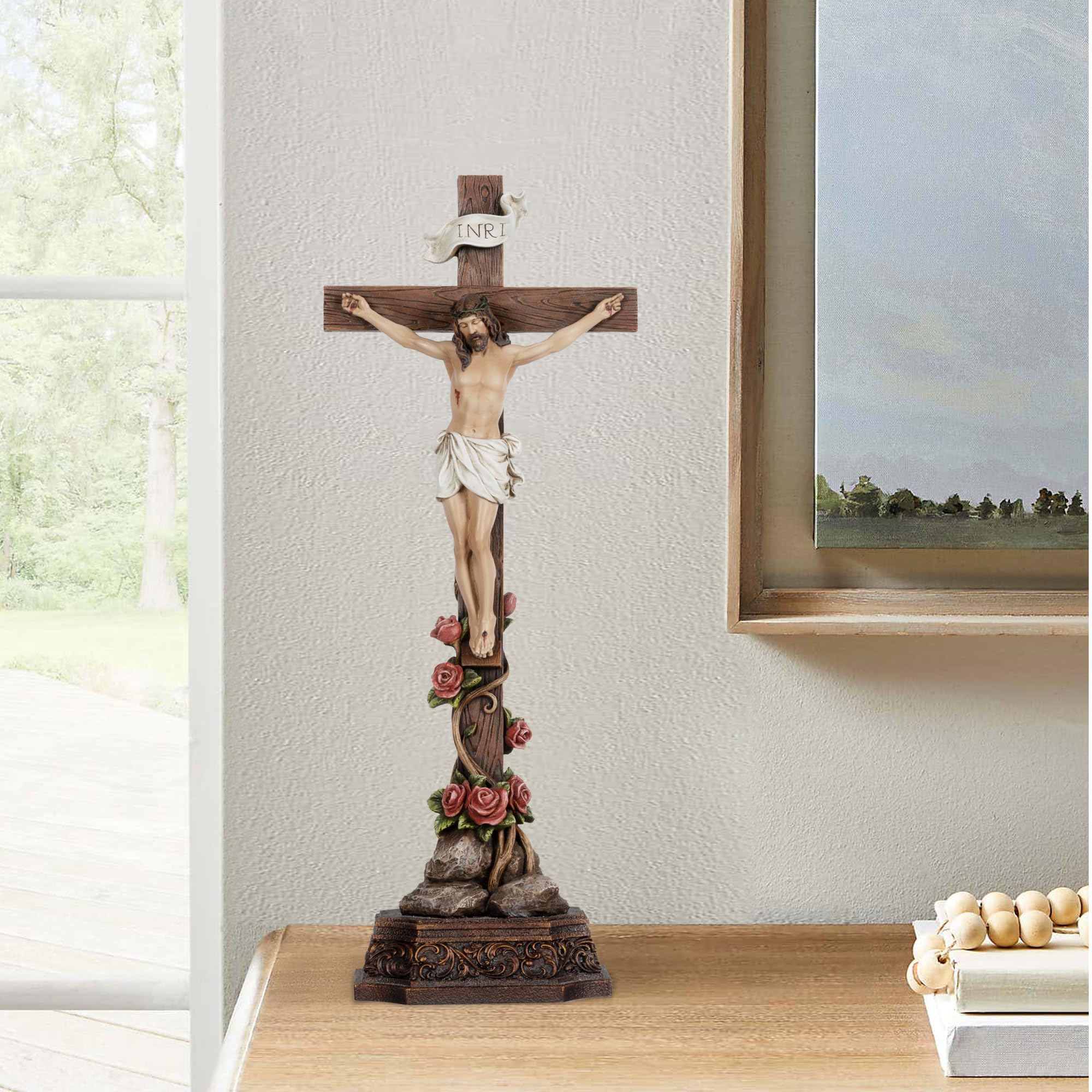 Grace4Joy Stehendes Kruzifix, katholisch, 36,7 cm, Kreuz: Jesus Christus, Tischstehendes Kreuz mit Rosenverzierung, handbemalt, Heim-Altar-Dekor