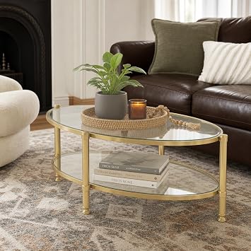 Honyee Oval Glass Coffee Table, 2-Tier Modern Coffee Table with Tempered Glass Shelves, Champagne Gold Metal Frame, Contemporary Center Table for Living Room, 44 x 22 x 15.75 Inch