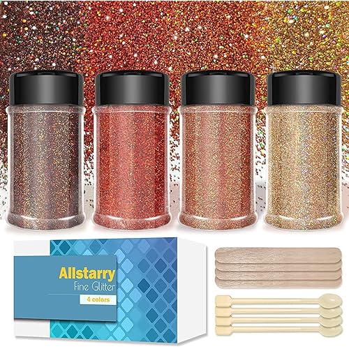 Allstarry Holographic Ultra Fine Glitter 4 Colors Metallic Autumn Gold Orange Coppery Glitter Powder 80ml per Jar for Resin, Tumblers, Slime, Painting Arts, Nail Art DIY Decoration