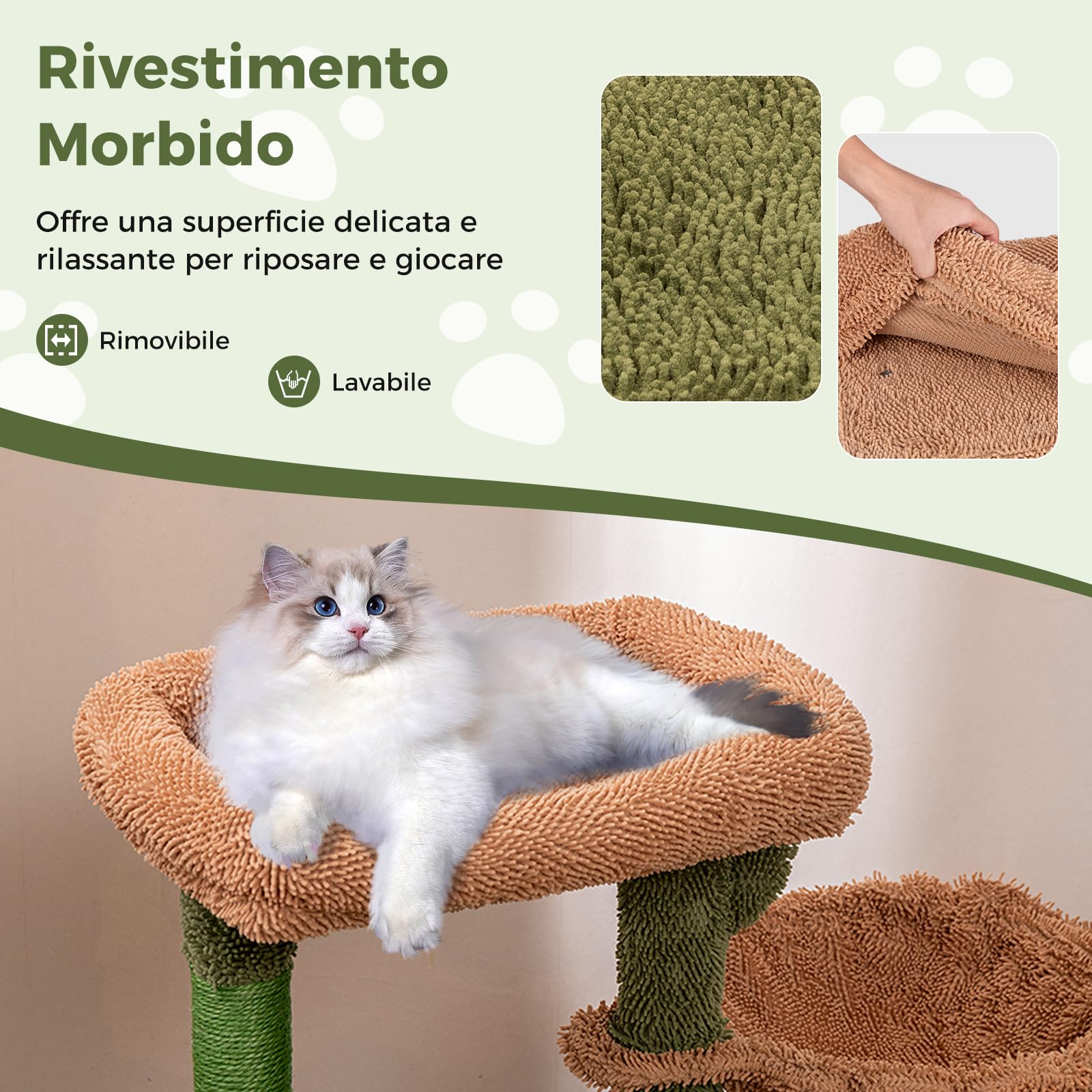 COSTWAY Tiragraffi per Gatti Moderno, Torre per Gatti Estetica a Forma di Cactus con Ripiano, Condo, Amaca, Posti per Graffi in Sisal e Cuscino Lavabile, Albero per Gatti Adulti e Cuccioli