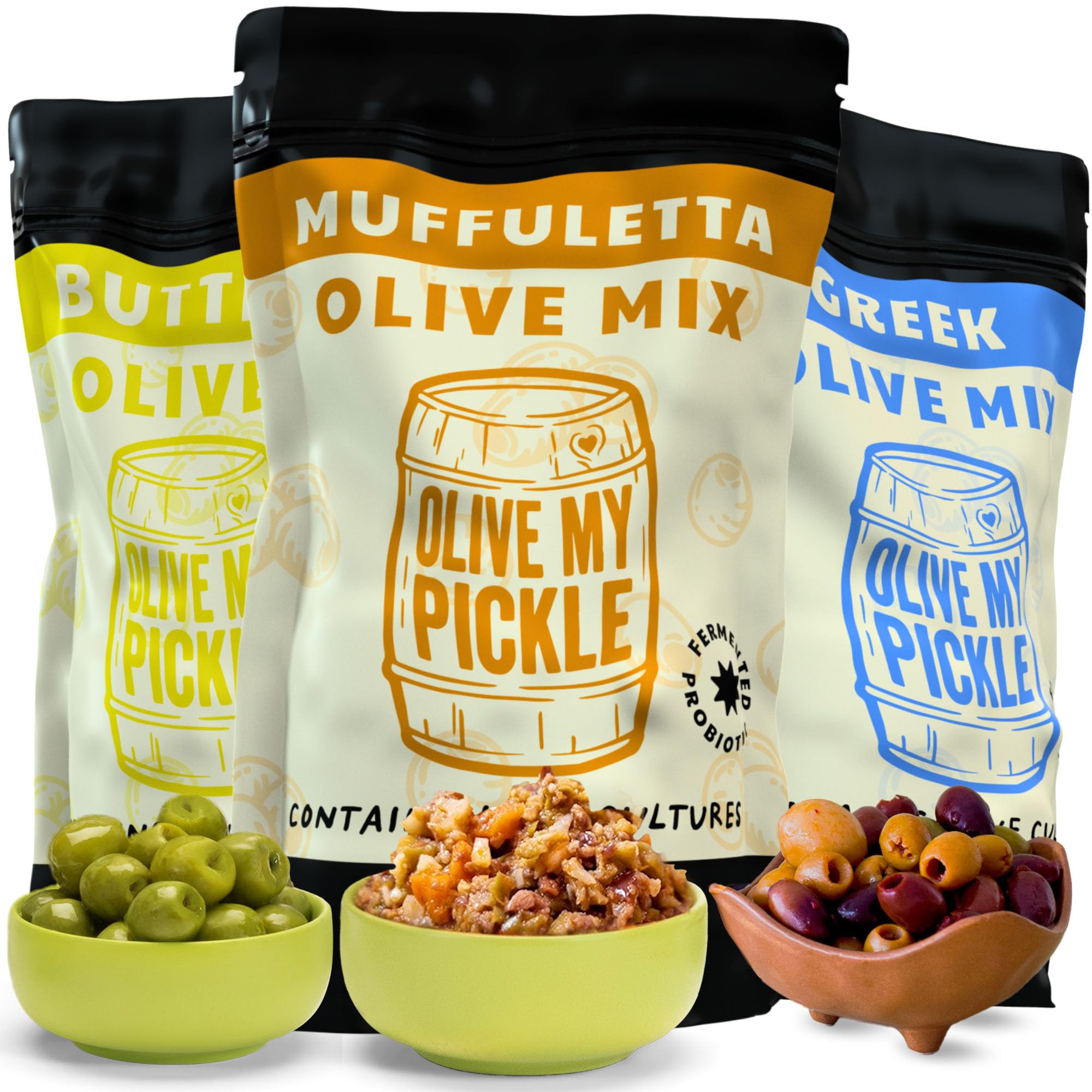 Olive My Pickle Fermented Mixed Olives Bundle - 48 oz | 3 Packs of Castelvetrano Olives Pitted, Greek Olives Mix, Muffuletta Olive Mix Live Culture & Probiotic Olives for Gut Health - 16 oz per bag