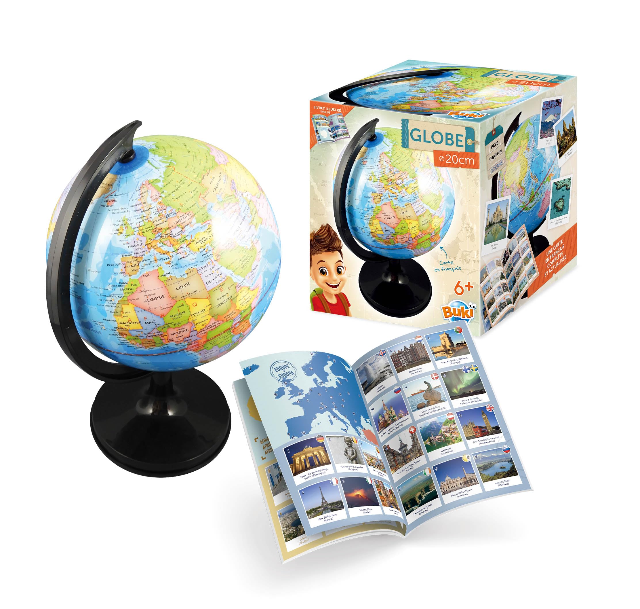 BUKI France - 20 cm Earth Globe for Children – Discovery Countries, Cities, Oceans and Rivers – Matt Black Base – Illustrated Instructions with 130 Photos – Educational from 6 Years