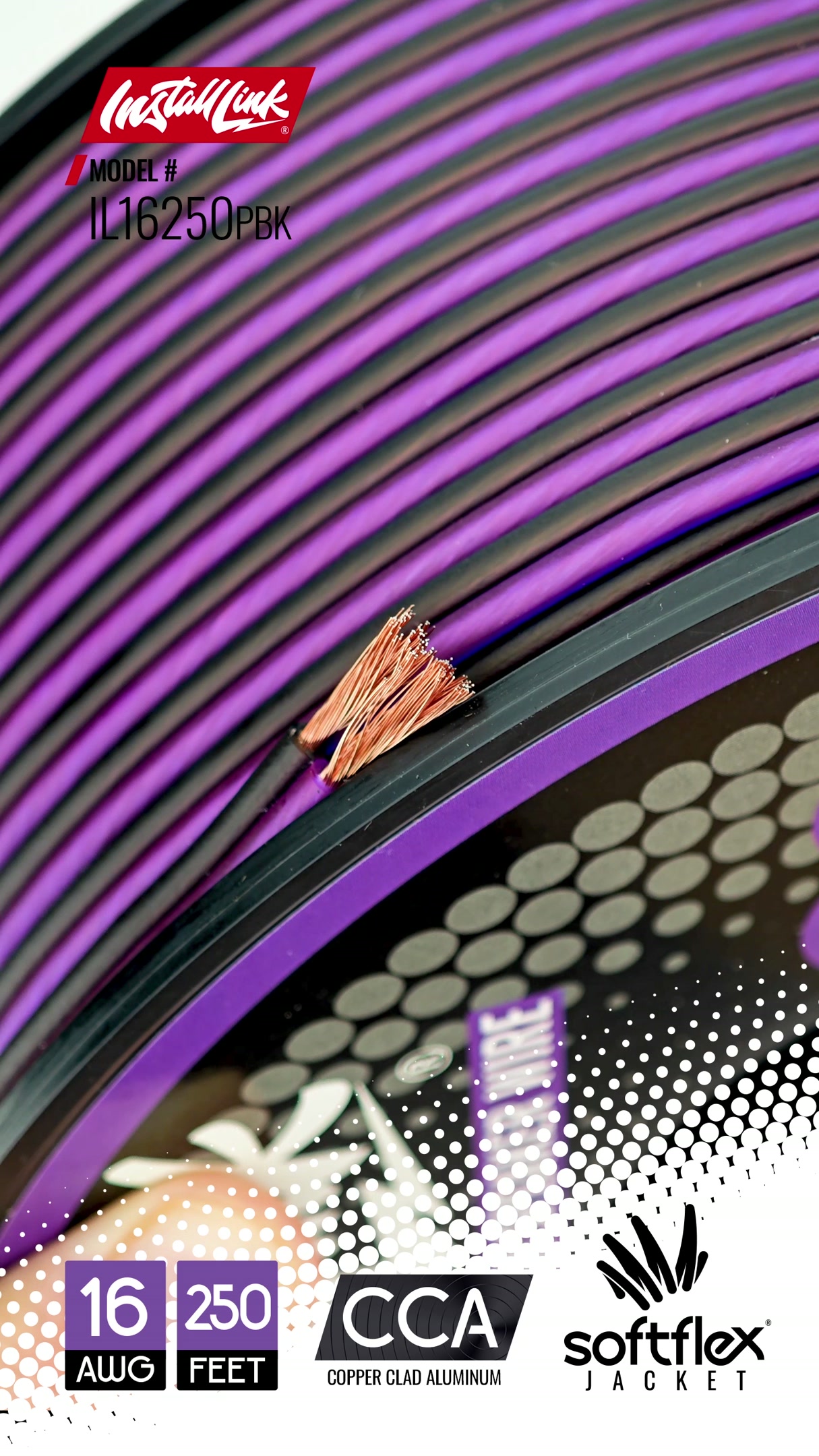 Image of Install Link 16 AWG Gauge Speaker Wire (250 Feet) Car or Home Theater (CCA) | 16 /2 Speaker Cable, 2-Conductor, Frosted Purple /Black, Easy Strip, Polarity ID, for Car Audio & Home Stereo