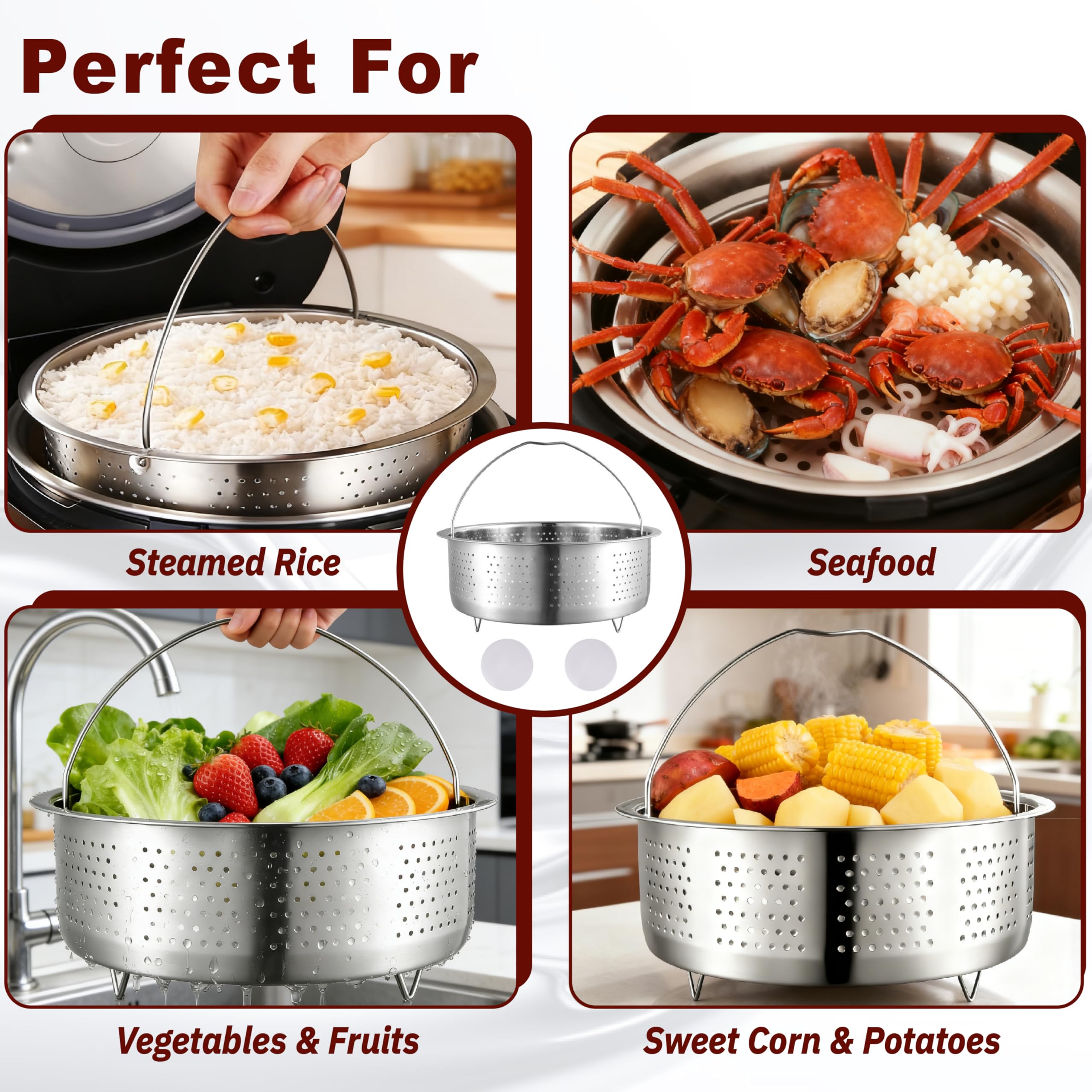 Vaporera de acero inoxidable 304 para ollas, 17,5 cm, ideal como colador para ollas y ollas a presión, para cocinar al vapor de verduras, frutas, huevos (plateado)