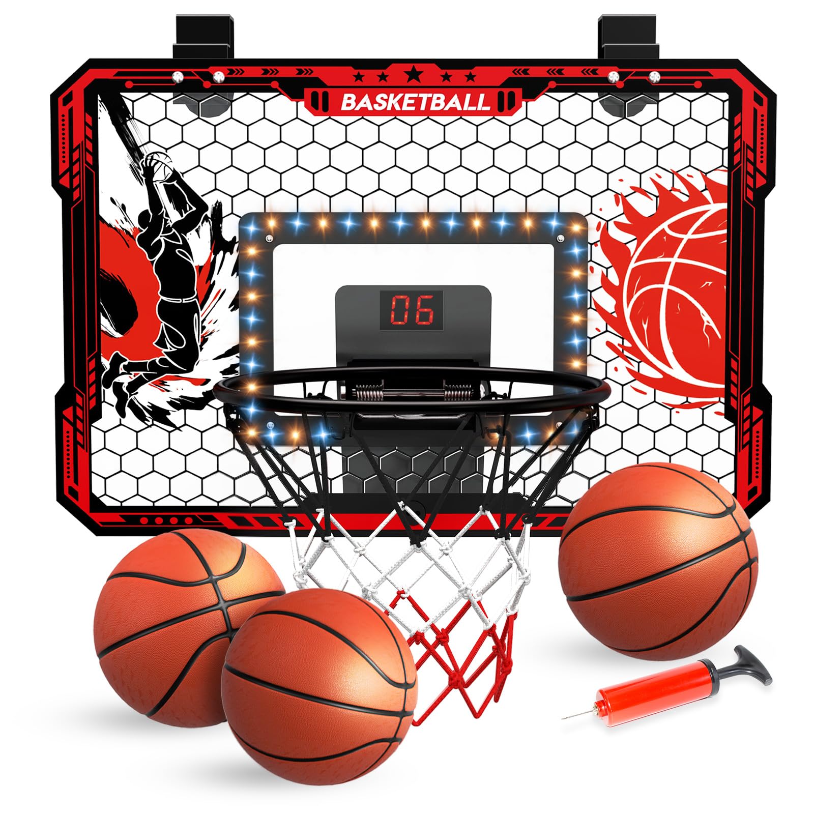 Over The Door Basketball Hoop, 2025 Upgrade Indoor Basketball Hoop with LED Lights and Scoreboard, Includes 3 Balls & Pump, Toys Gifts for3 4 5 6 7 8