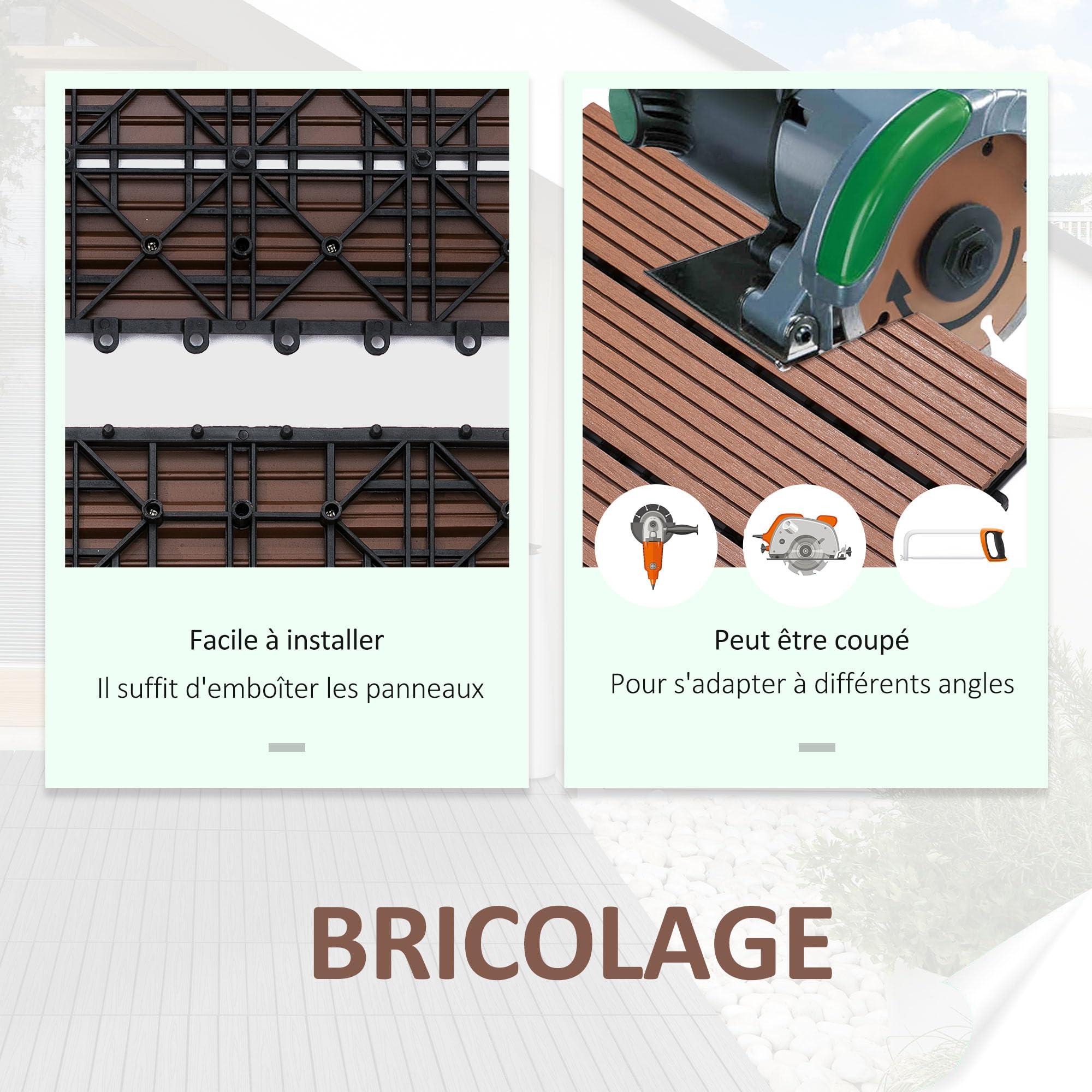 Outsunny Lot de 11 Dalles de Jardin Piscine, 30 x 30 x 2,2 cm, Dalle Clipsable Antidérapante et Résistante aux Intempéries, pour Jardin, Balcon, en HDPE, Marron Clair