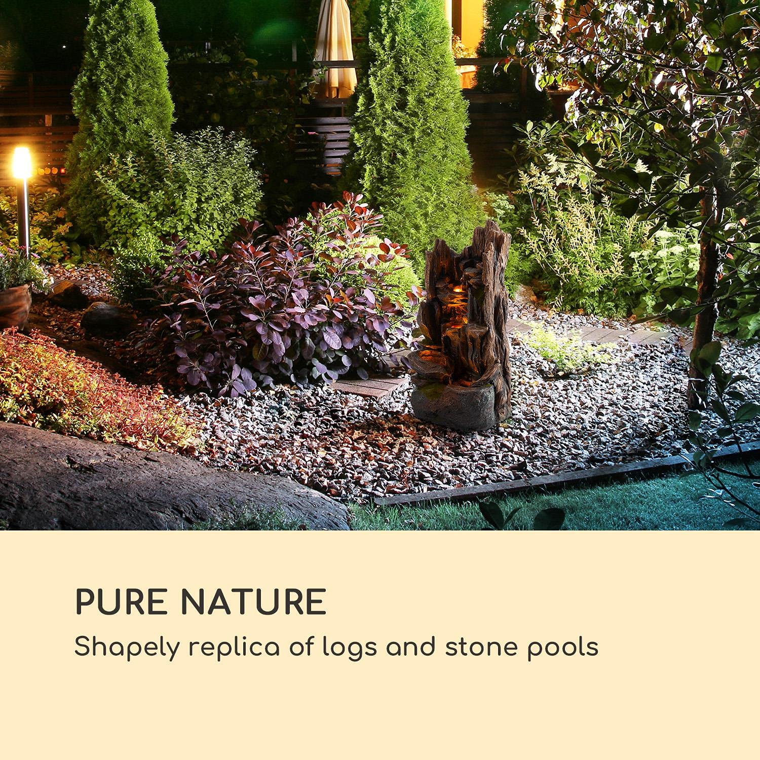 Blumfeldt Mystic Tree - Fontana Solare, incl. Pannello Solare, Batteria agli Ioni di Litio (Durata ca.5h), Luce LED, Polyresina, Resistente al Gelo, al Chiuso e all'Aperto, Effetto Legno