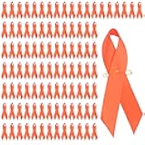 Orange Ribbon Awareness Brooch Pins 100 Pcs for Leukemia, Lymphoma, Kidney Cancer, Multiple Sclerosis and Gun Violence Charity Events Satin with Safety Pins