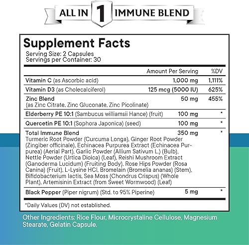 Miniatura 5 de Quercetina Zinc Vitamina C Vitamina D Bromelina Saúco - Suplemento de ortiga con artemisinina, musgo marino, equinácea - 120 unidades
