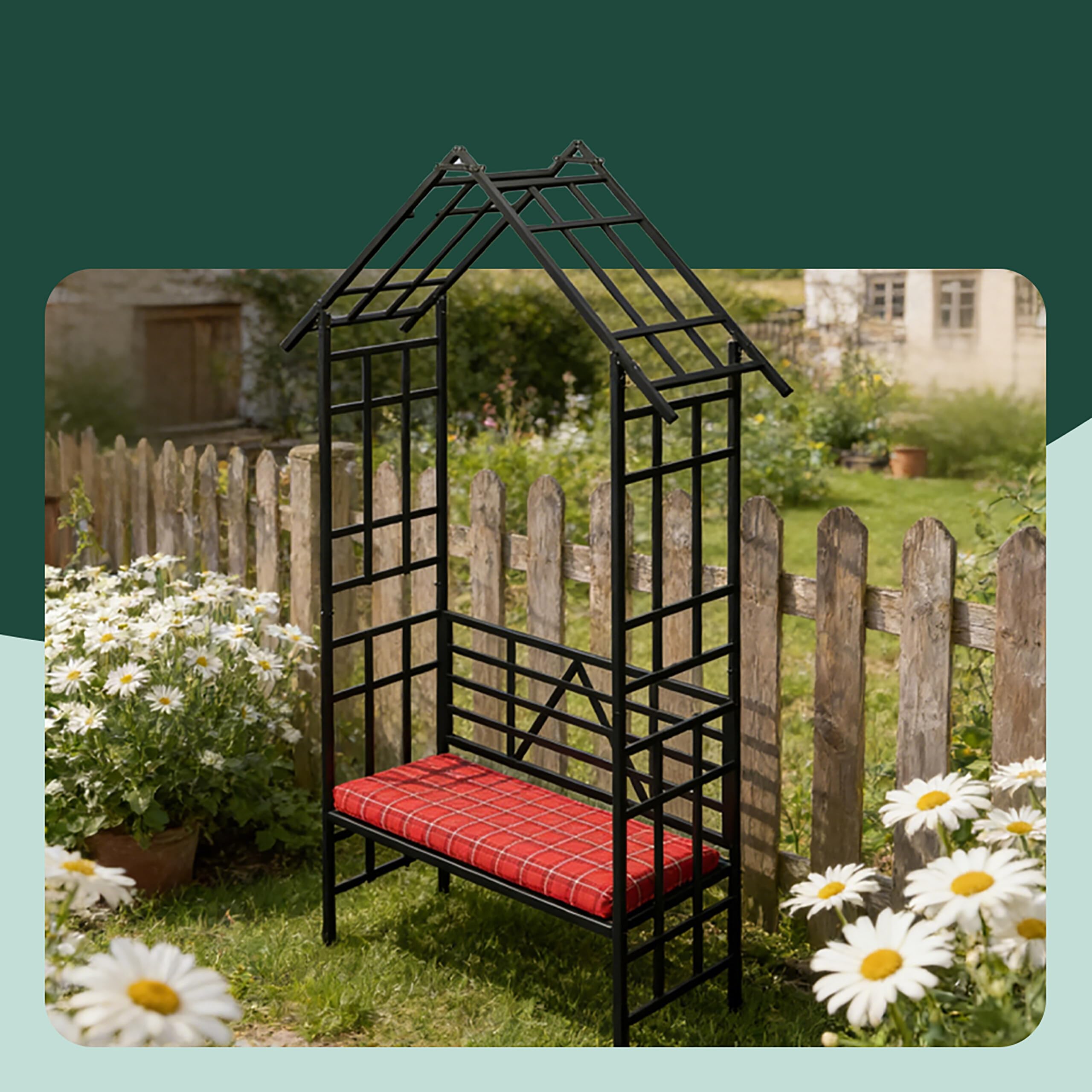 Arche à Roses Relaxdays, avec Banc ou jardinière, pour Jardin & entrée, H x L x P : 247 x 150 x 43 cm, métal, Noir
