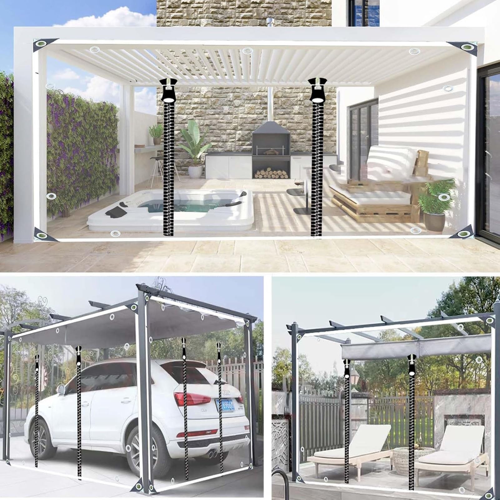 Telone Impermeabile per Esterno, Materiale PVC Pieghevole Antipioggia Telone 0.35mm Ideale Come Telone per Gazebo Pergola, con Cerniera (4x3.5m)