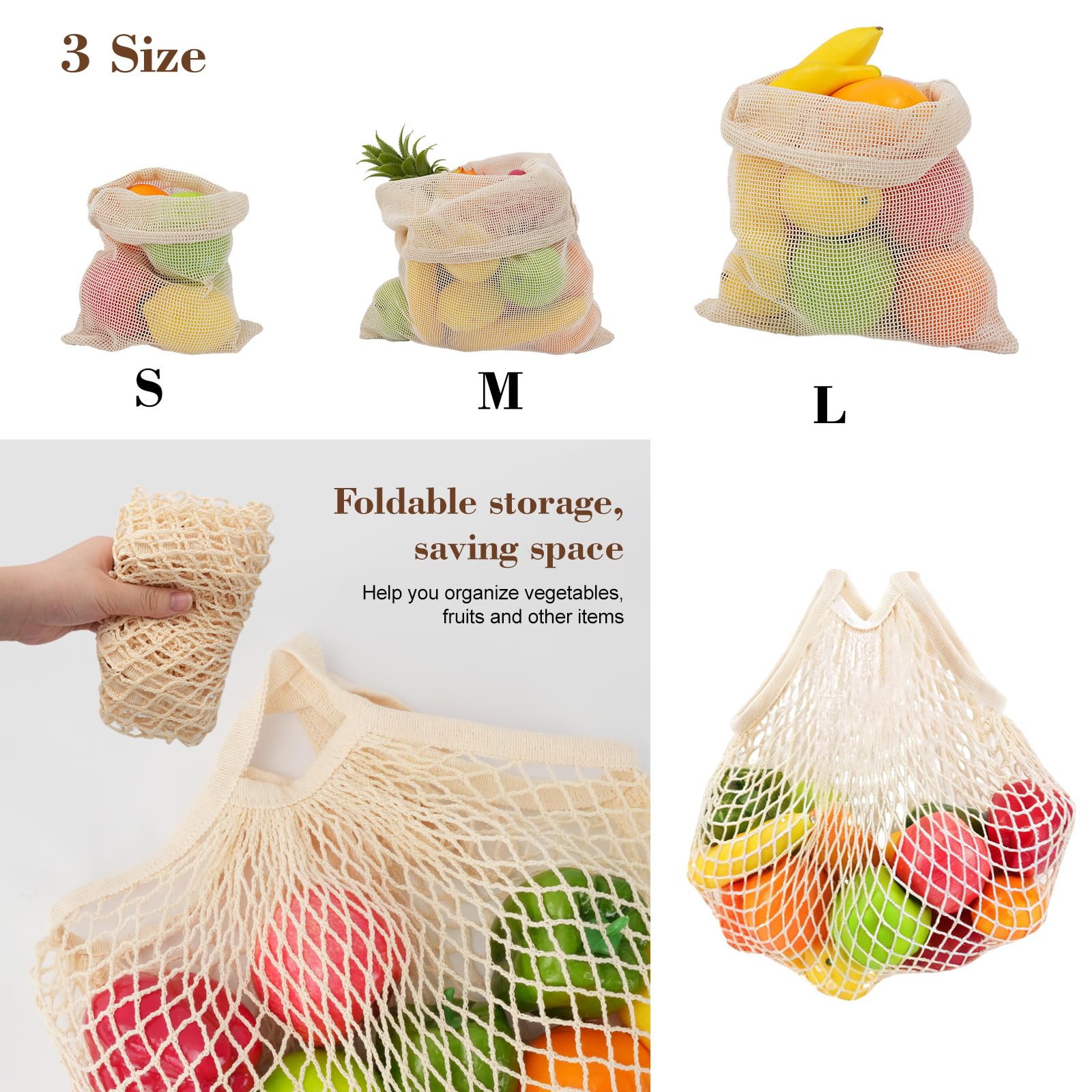 WRENYZK 8 sztuk worków na owoce i warzywa, wielokrotnego użytku, torby bawełniane, siatkowe torby z długim i krótkim uchwytem (2 x S, 2 x M, 2 x + 2 x torba do przechowywania)