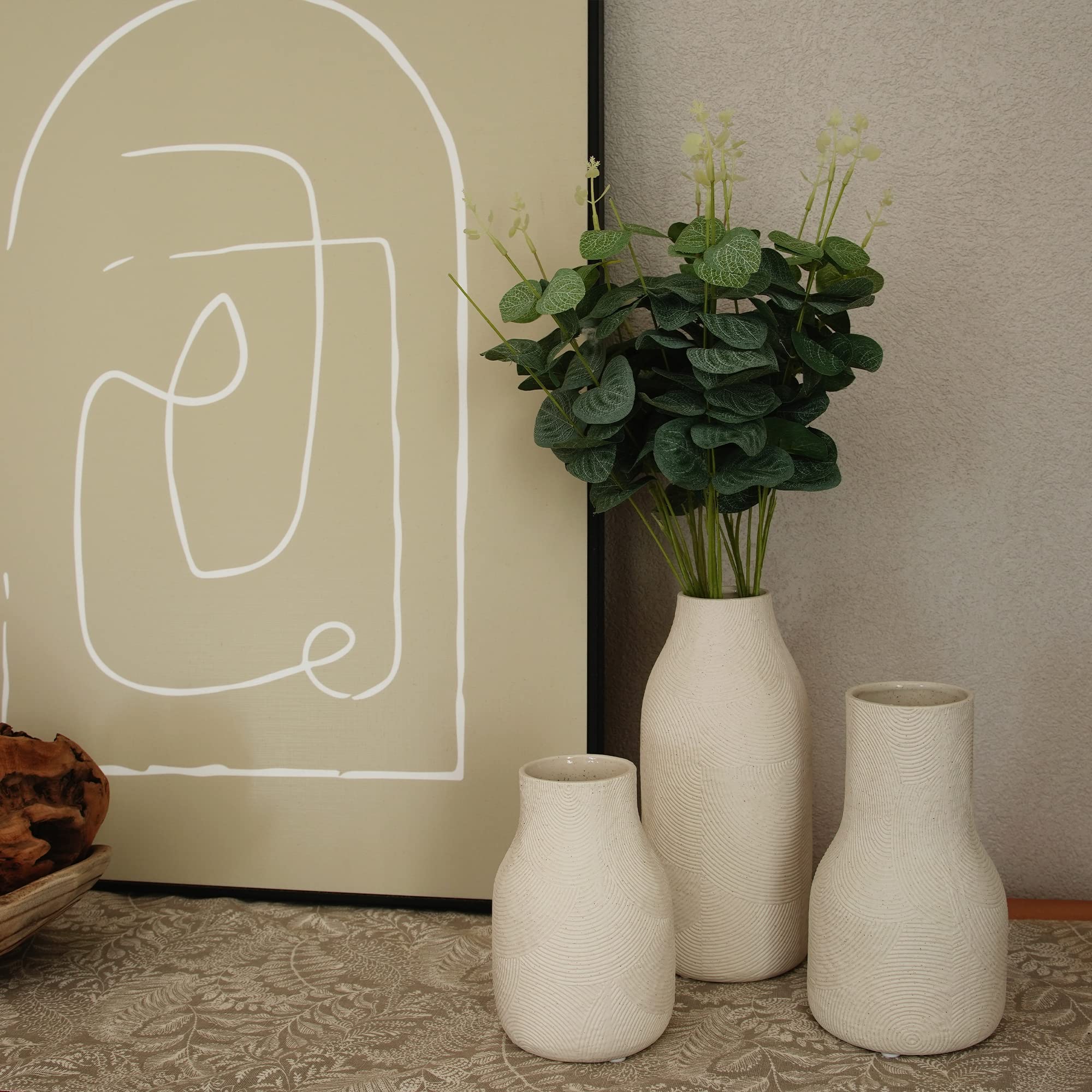 Keramikvasen für Wohnkultur – mattweiße strukturierte Vasen 3er-Set, dekorative Vasen für Blumen, Pampasgras-Arrangement, Tischdekoration, Büro und Wohnzimmer, Boho-Dekor