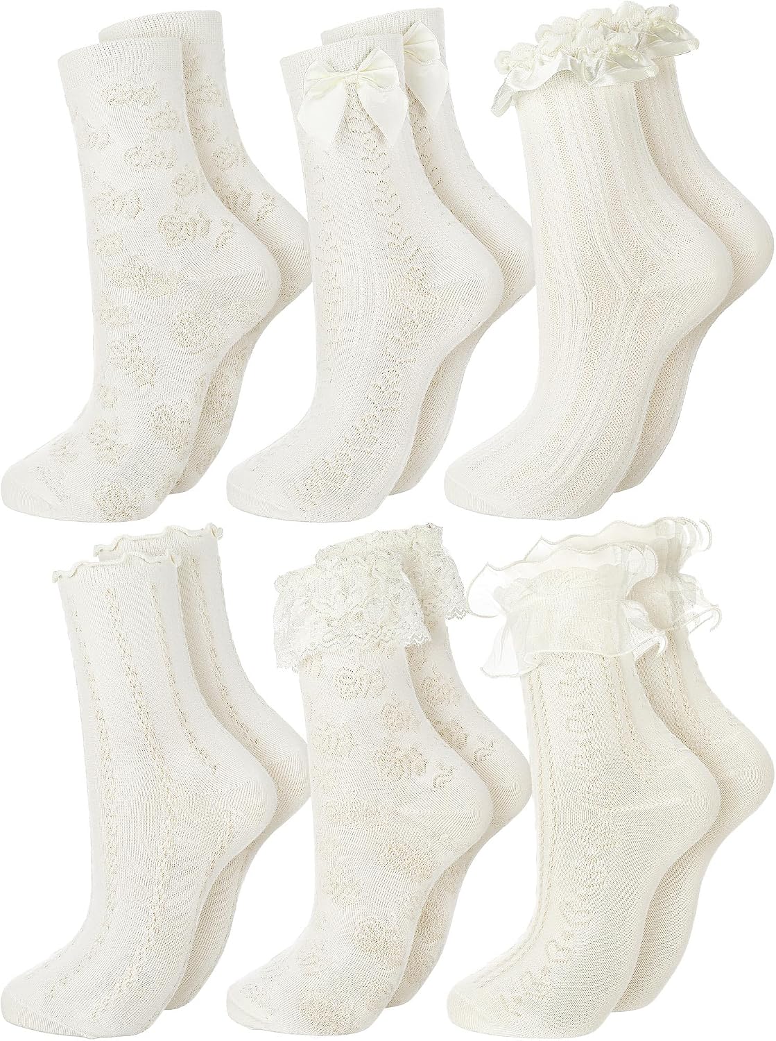 Fourluoo 6 Pairs Ruffle Socks Women Frilly Lace Ankle Socks Cream Lolita Princess Bow Breathable
