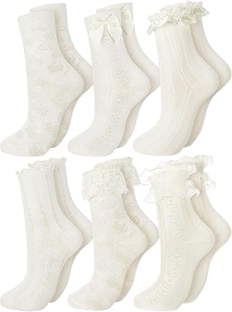 Fourluoo 6 Pairs Womens Ruffle Socks, Lace Frilly Bow Socks