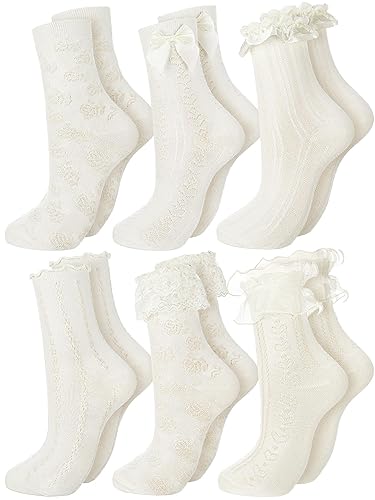 Fourluoo 6 Pairs Ruffle Socks Women Frilly Lace Ankle Socks Cream Lolita Princess Bow Breathable - Beige