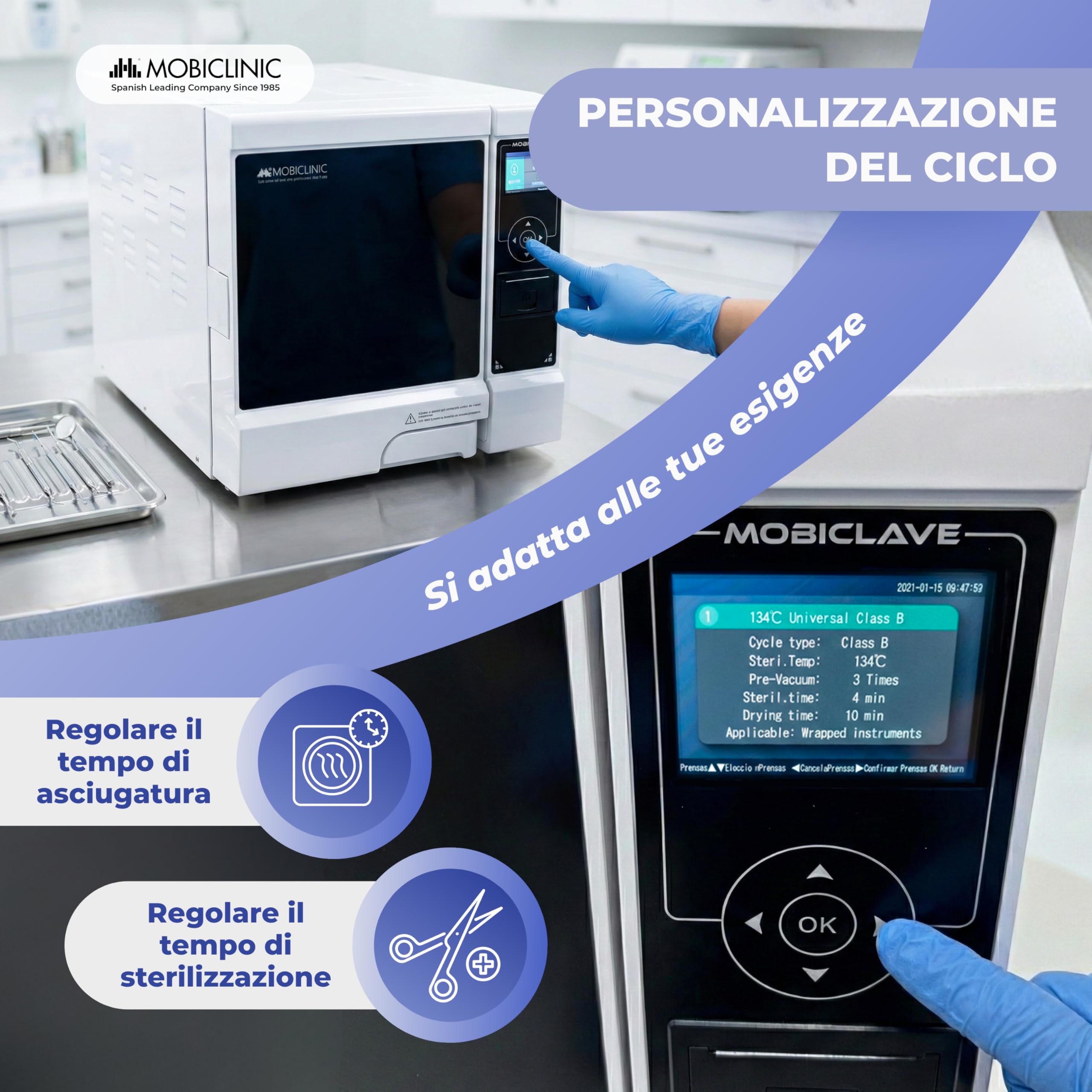 Mobiclinic®, Autoclave Professionale, Autoclave Sterilizzatrice a Vapore 12L, Disinfettante 99% con Copertura 360°, Programmi Personalizzabili, Stampante, USB, Cliniche e Laboratori, MobiClave