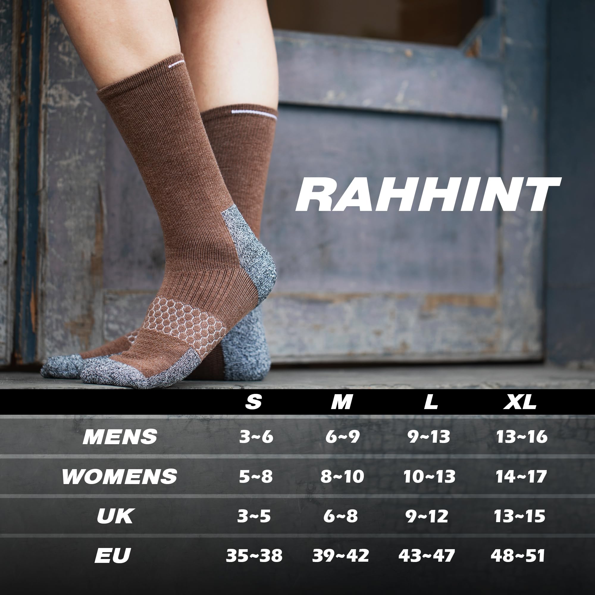 Rahhint 3 paia di calzini da lavoro in lana merino, resistenti, a compressione, anti-umidità, anti-vesciche, per escursionismo e corsa