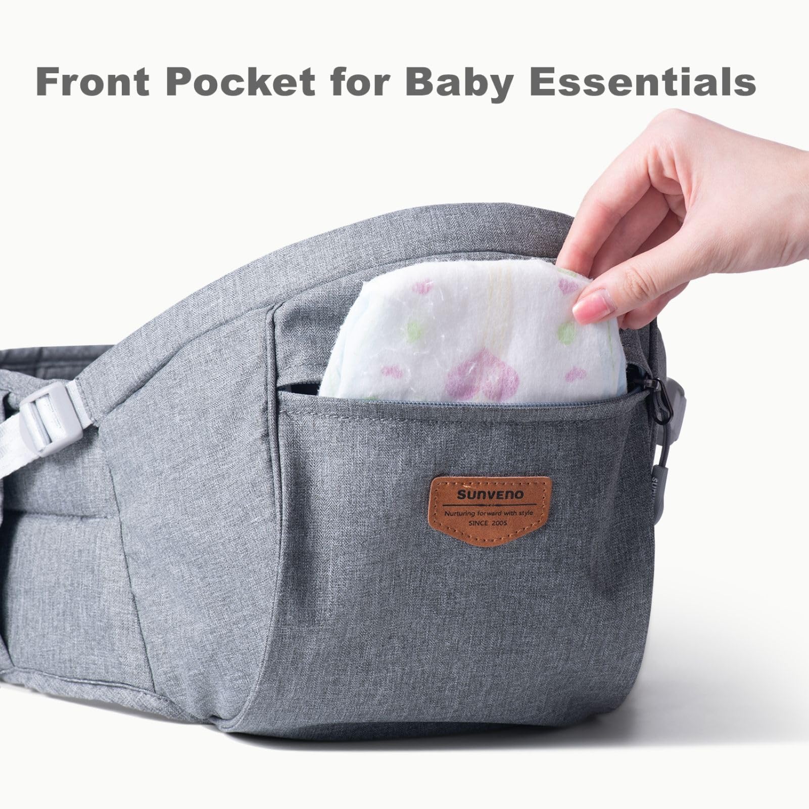 SUNVENO Baby Siège de Hanche Ergonomique, Porte-bébé Respirant avec Assise Physiologique, Porteur Souple en Tissus Certifiés Légers pour Nouveau-nés, Enfants, 6-38 lb, Gris