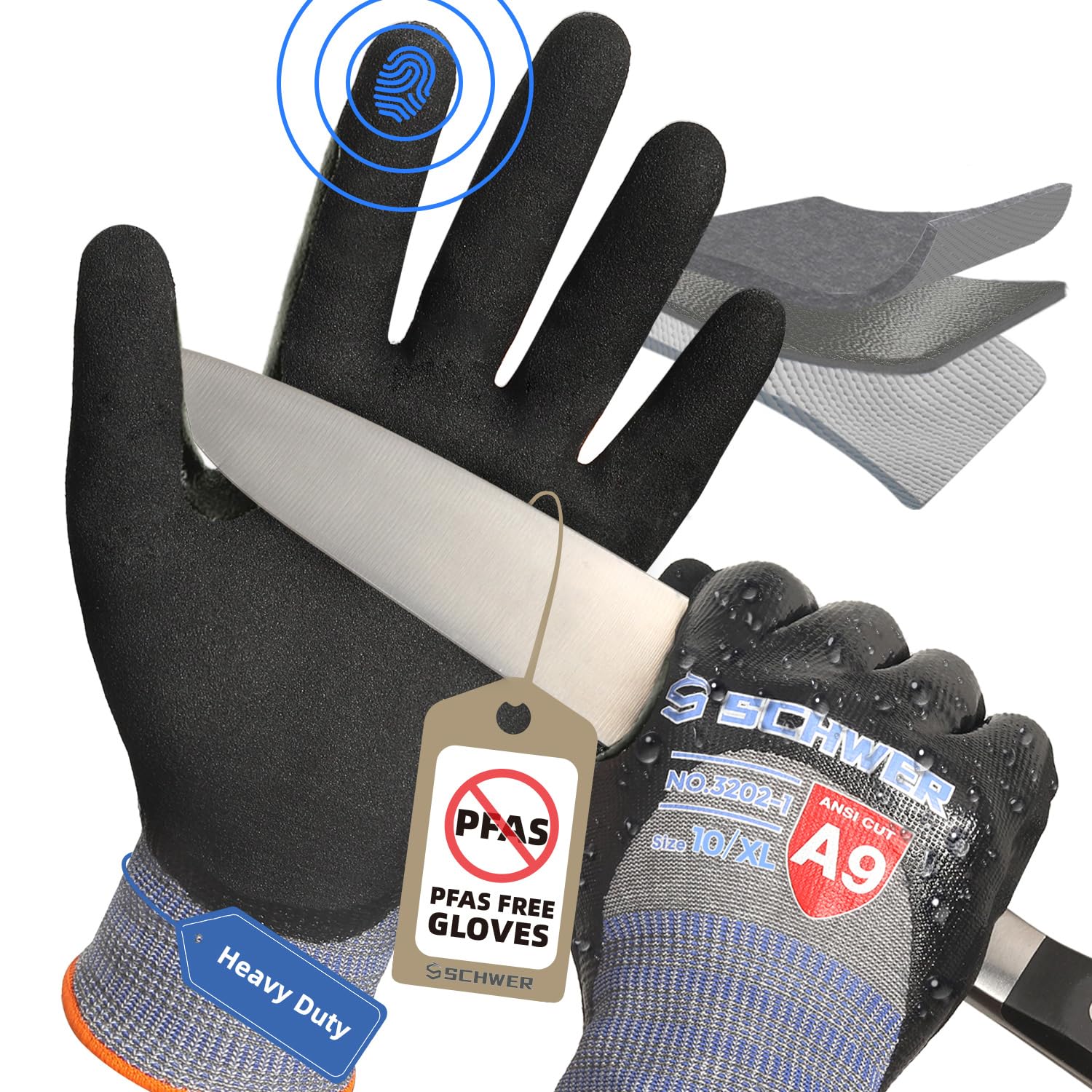 ProGuard-X ANSI A9 Highest Level Cut/Abrasion Resistant Gloves for Heavy Duty Work, 3/4 Double Nitrile Coating for Detect Metal, Water and Oil Proof, Anti Slip, Touch Screen, Non-PFAS, PM3202 (XL)