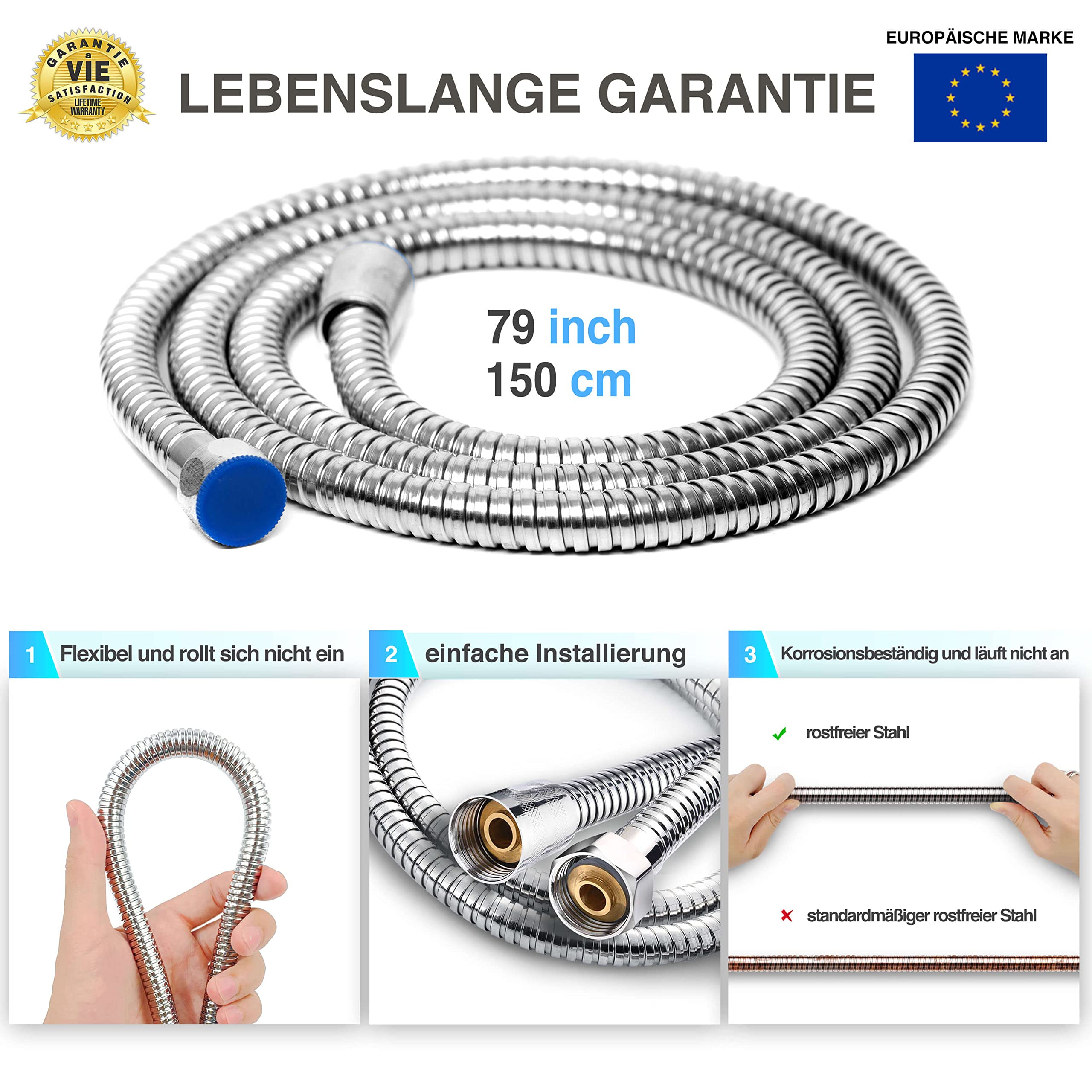 Flexibler Edelstahl-Duschschlauch Mit Lebenslanger Garantie – 150 Cm, 1/2" Anschluss, Für Bad, Waschbecken & Bidet
