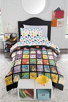 Northwest Pokemon Twin Sized Bed in a Bag Set, Pikachu Eevee Charmander Squirtle, Anime Bedding, Kanto Favorites
