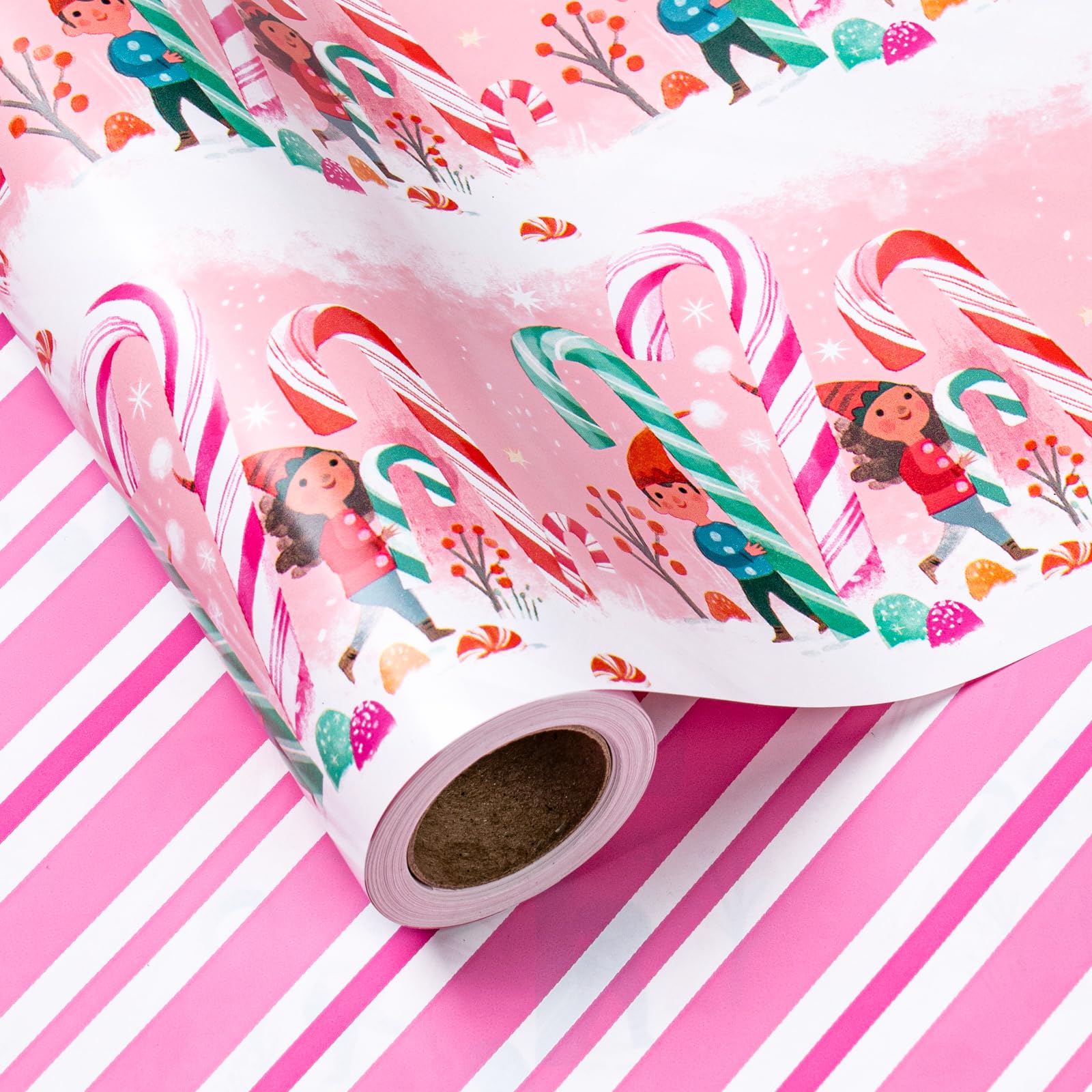 LeZakaa Christmas Pink Wrapping Paper Mini Roll for Kids, Playful Elf Cane Candy, Pink White Candy Stripes Sweet Snowy Reversible Design, 17 inches x 32.8 Feet — image 1