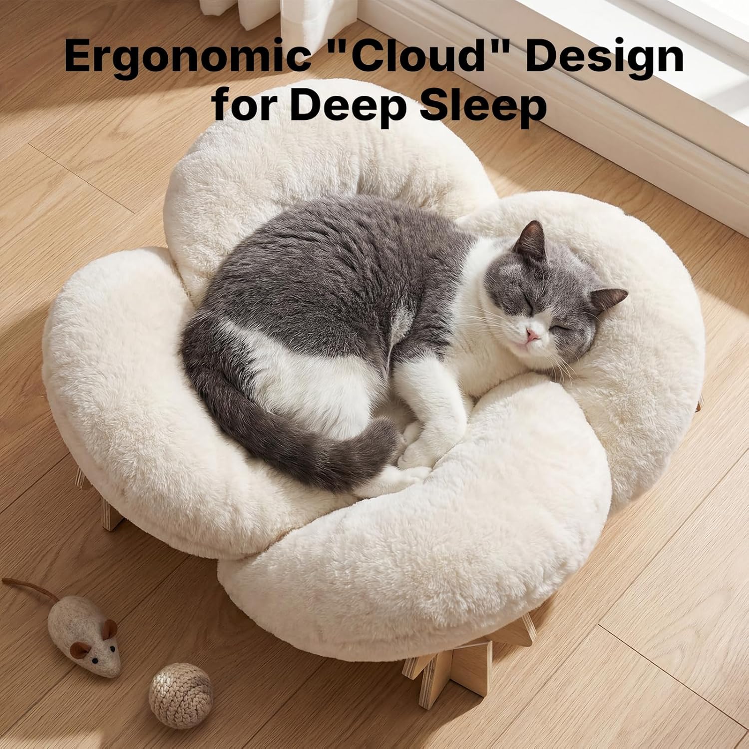 Veehoo Modern Elevated Flower Cat Bed with Washable Fluffy Cushion for Indoor Cats & Small Dogs, Wooden Raised Pet Couch Sofa, Cozy Lounge Chair Suitable for Puppy, Cat Furniture