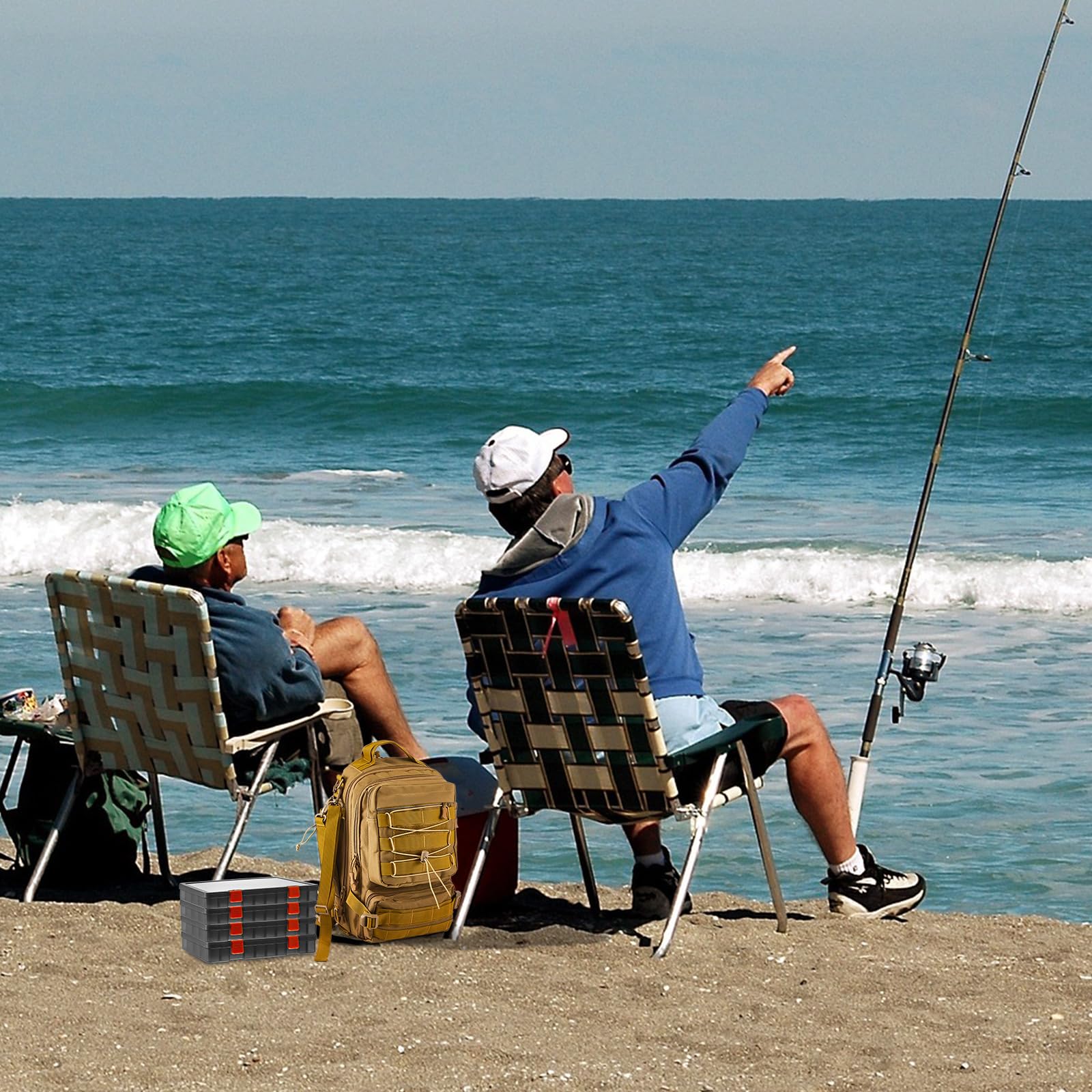 Mochila de aparejos de pesca con soportes para caña y 4 cajas de aparejos, bolsas de pesca de almacenamiento grandes, bolsa de aparejos resistente al agua para camping, senderismo, equipo de