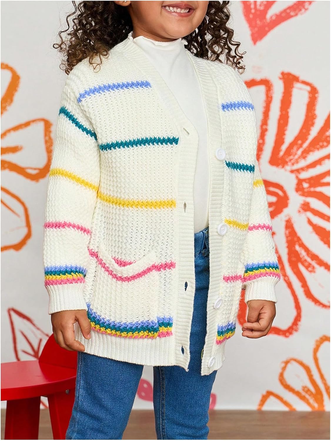 GORGLITTER Girl's Rainbow Striped Button Up Cardigan V Neck Long Sleeve Open Front Cute Knit Fall Sweater Tops - Image 2