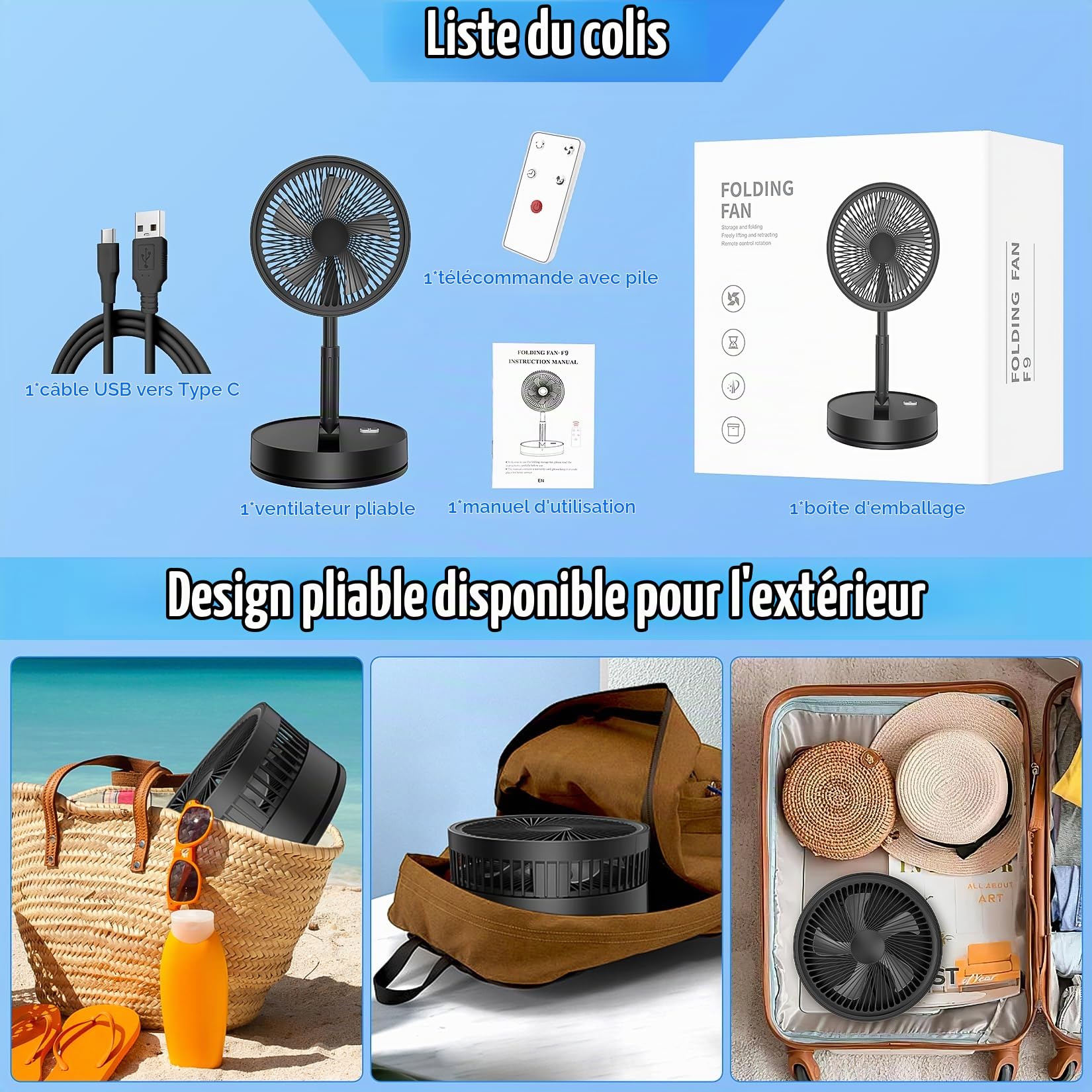 LIPETY Ventilateur sur Pied Portable Pliable Rechargeable - 8000 mAh 8.6"