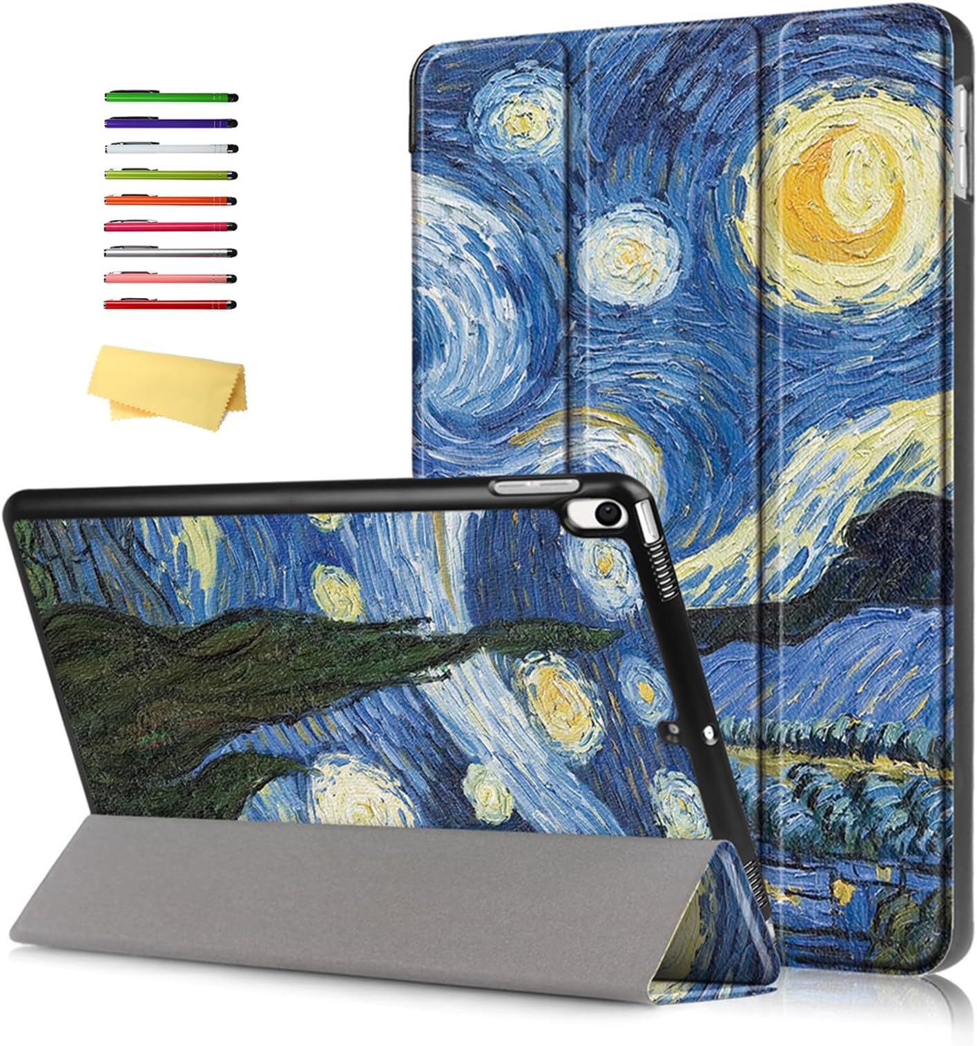 Case for iPad Air 3 (3rd Generation) 10.5" 2019 & iPad Pro 10.5" 2017, Van Gogh Oil Painting Smart PU Leather Stand Trifold Shockproof Magnetic Cover with Auto Sleep/Wake, Blue Starry Night