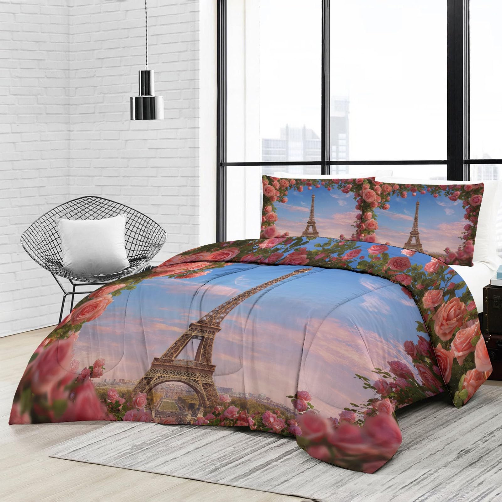 Kołdra 140 x 200 cm Różowe róże Wieża Eiffla Kołdra bez poszwy na 4 pory roku, bardzo miękkie kołdry z nadrukiem dwustronnym dla dzieci Dorośli Dekoracja sypialni, można prać w pralce