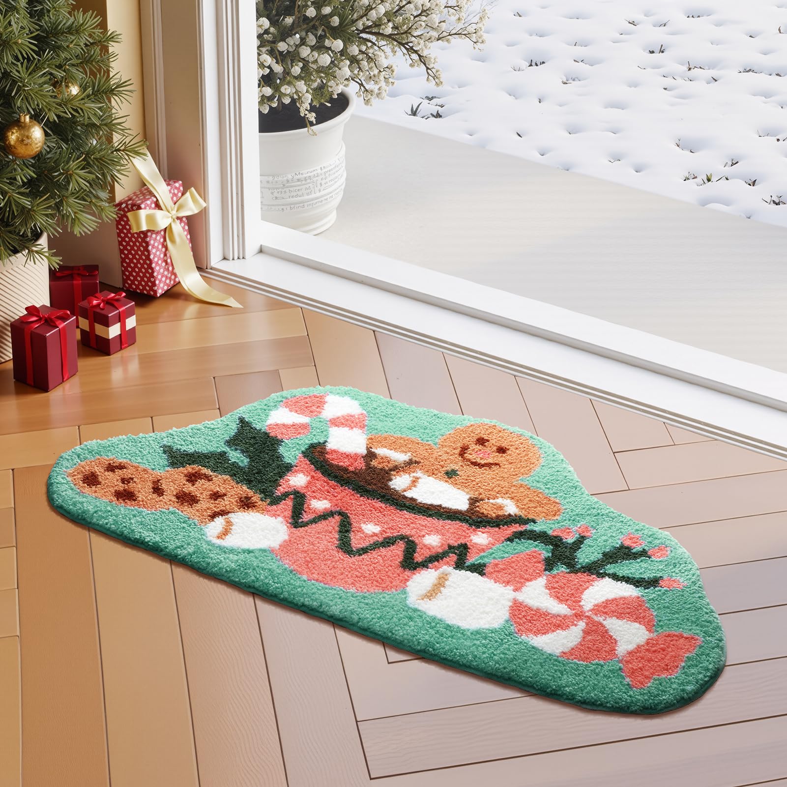 Ashler Christmas Area Rug Gingerbread Man Dessert Cup Soft Tufted Non-Slip Mat Cute Holiday Decorative Rug for Bathroom