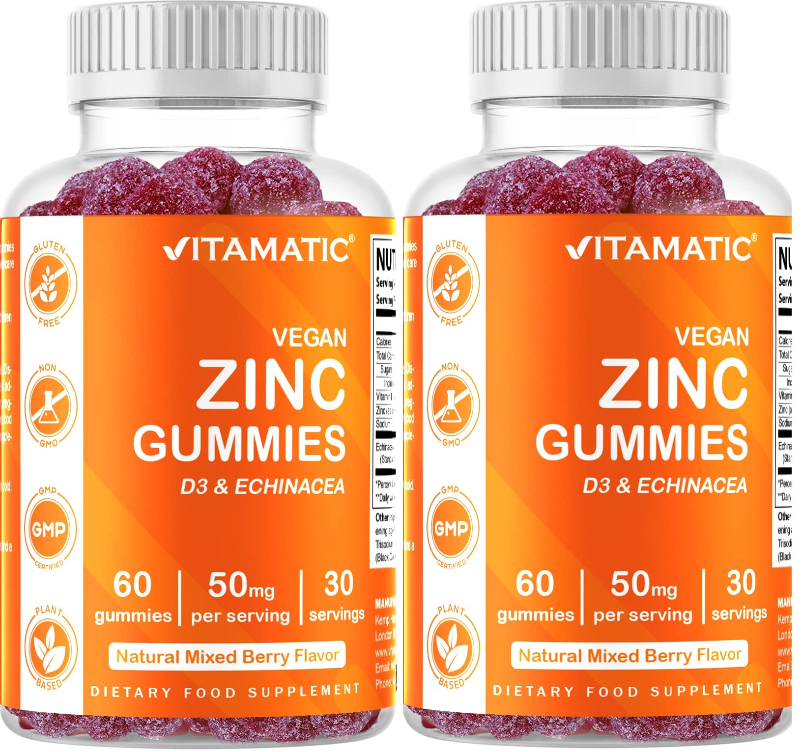 Vitamatic Zinc 50mg Gummies – 60 Vegan Gummies – Gluten-Free – 2 Pack