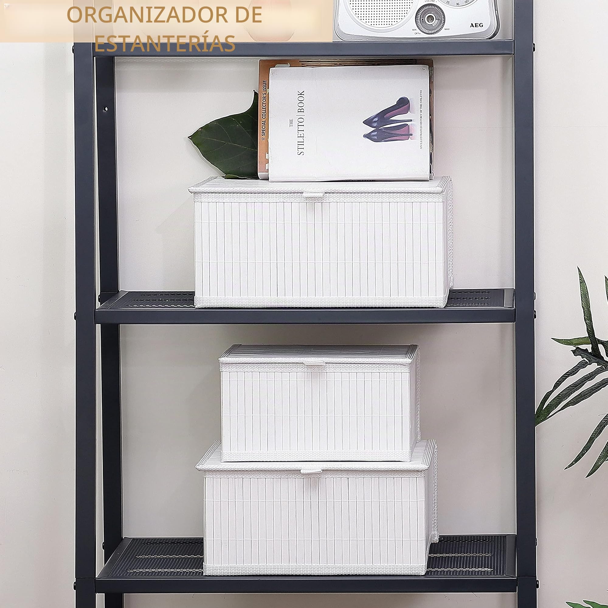 Honygebia Bambú Caja Almacenaje con Tapa - Set de 3 Cestos de Mimbre Decorativas con Forro, Almacenamiento Blanco para el Hogar, Organizadoras de Estantes de Cocina y Baño (Grande/Mediana/Pequeña)