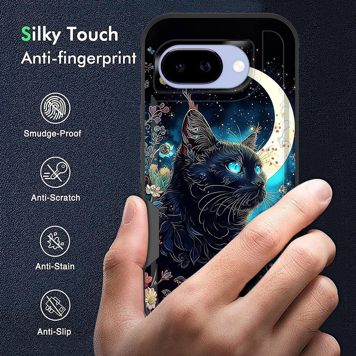 for Pixel 10A Case,Dual Layer Hybrid Heavy Duty Rugged Shockproof Hard PC +Soft Silicone Protective Case for Google Pixel 10A 6.3" 2026,Black Cat Floral Moon image 5