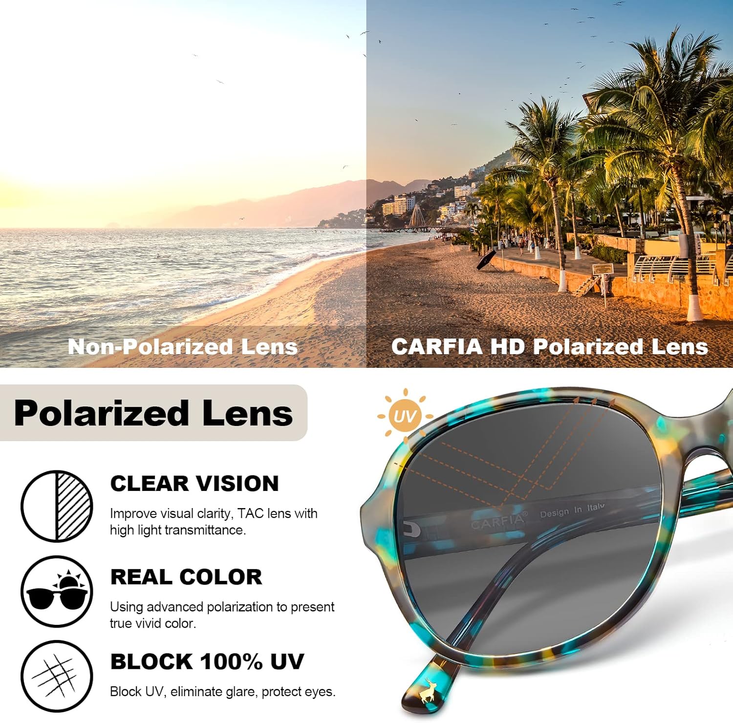 CARFIA Large Curved Acetate Polarized Sunglasses for Women UV Protection, Retro Fashion Ladies Shades Driving Safety Eyewear - Image 8