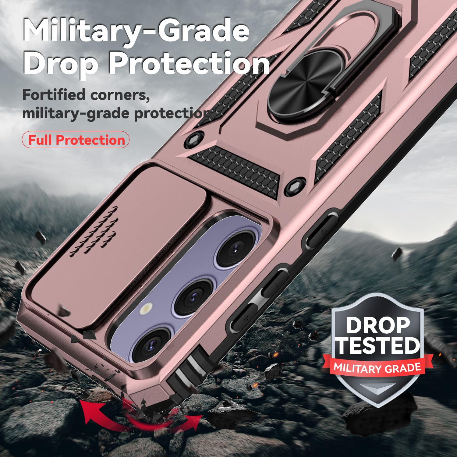 SunStory Custodia per Samsung Galaxy S24 FE 5G con pellicola protettiva per schermo HD, copertura per fotocamera scorrevole e cavalletto ad anello ruotato, custodia per telefono [di grado militare]