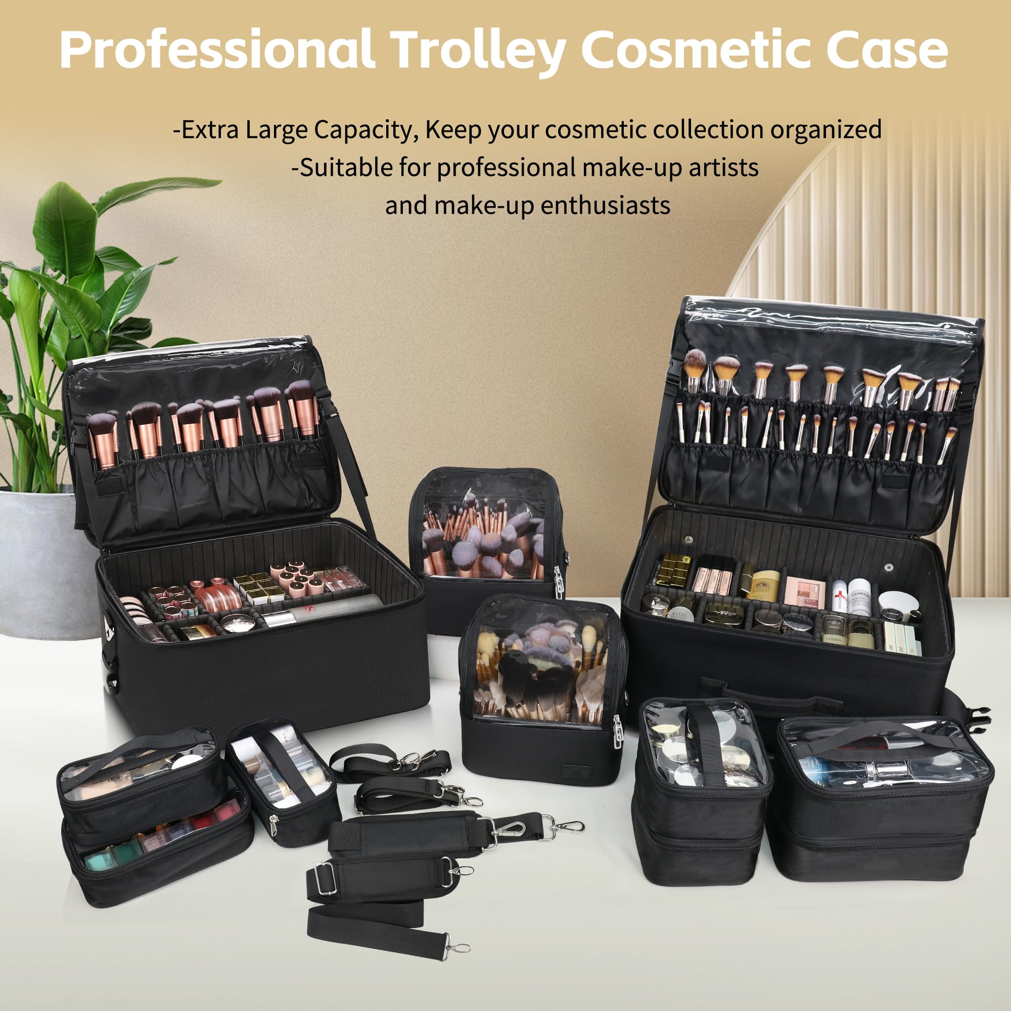 Valise cosmétique professionnelle 4 en 1 à roulettes - Grande mallette de maquillage noir