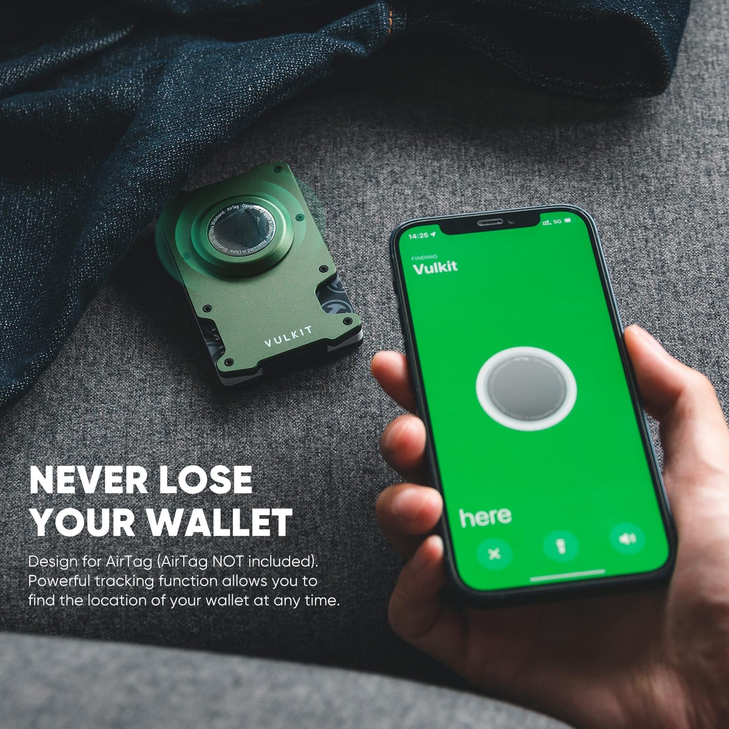 VULKIT Minimalist Slim Wallet for Mens with Money Clip- RFID Blocking with AirTag Holder Design Metal Wallet, Army Green