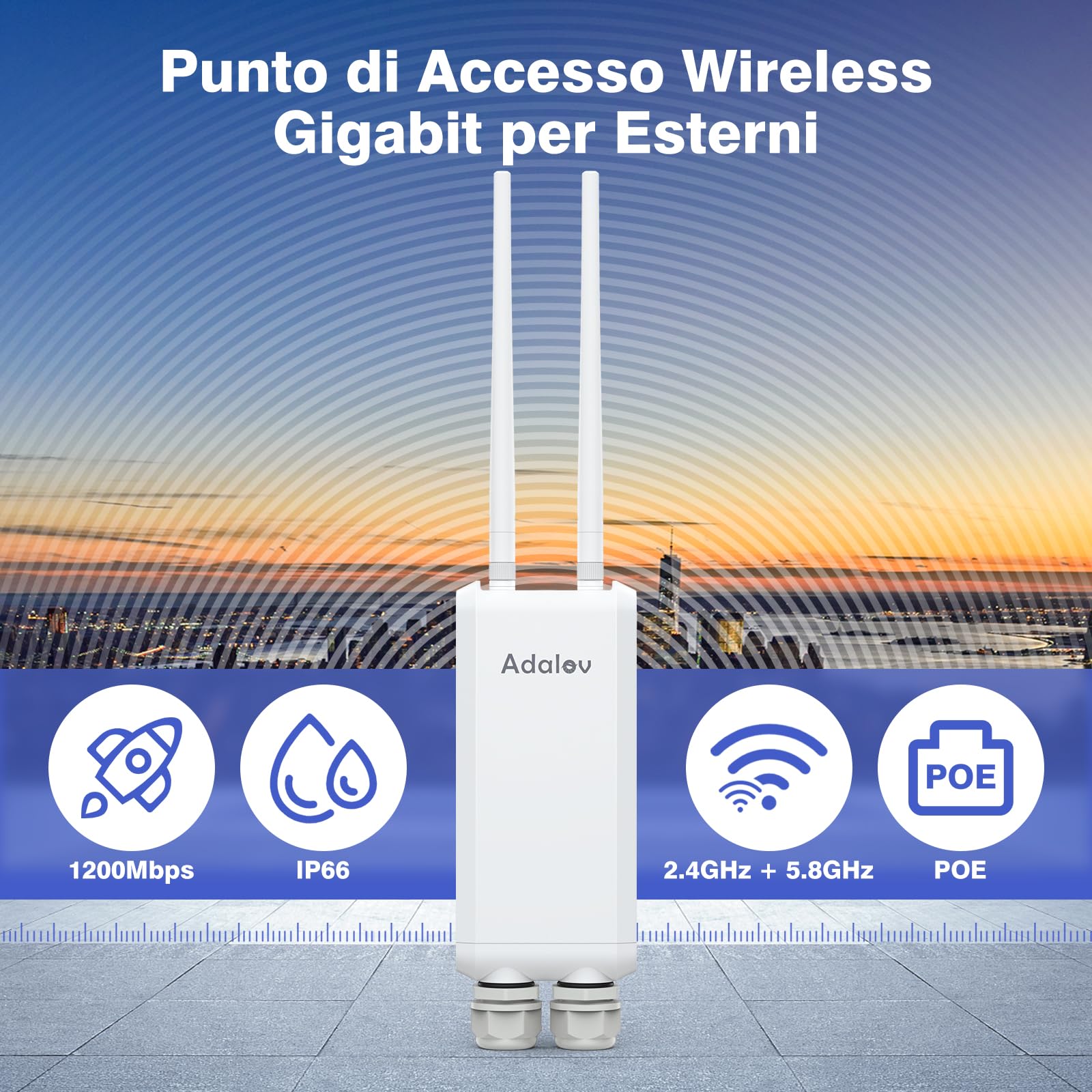 AdaLov Gigabit Access Point Wireless Esterno, Punto di Accesso WiFi a Lungo Raggio, 1200Mbps Dual Band 2.4/5.8GHz, Impermeabile IP66, Ripetitore WiFi per Negozio/Giardino/Garage/Scuola/Camper,48V PoE