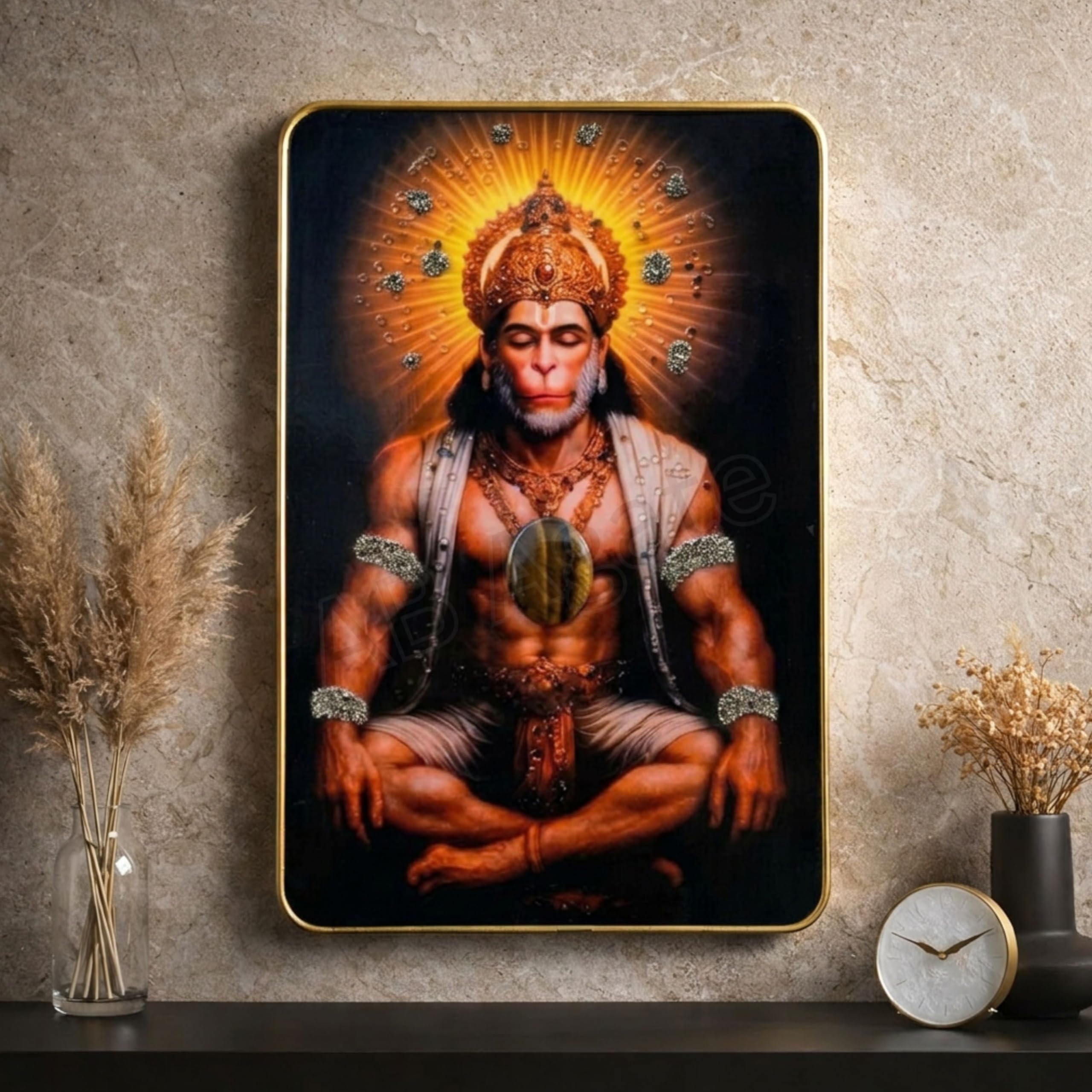 Lord Hanuman Ji Pyrite Wall Art Frame with Natural Pyrite & Tiger Eye Stones | Vastu Wealth, Prosperity & Protection Decor | 30x20 cm (Lord Hanuman Ji Pyrite Frame)-image-47