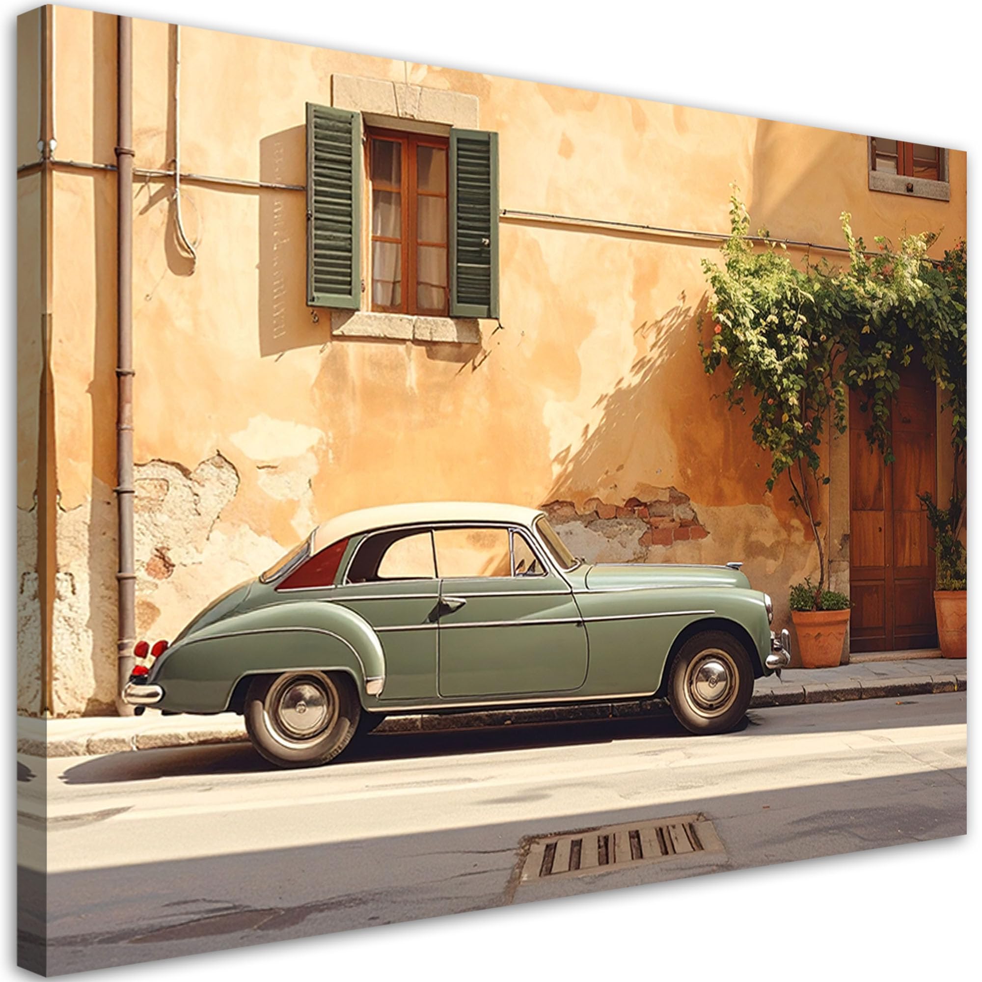 Feeby - Impression sur Toile - Tableau Decoration Murale - Italie Toscane rue et vieille voiture - 100x70 1partie - Salon Peinture Tableaux - Moderne Reproductions Tableaux - Décoration Chambre
