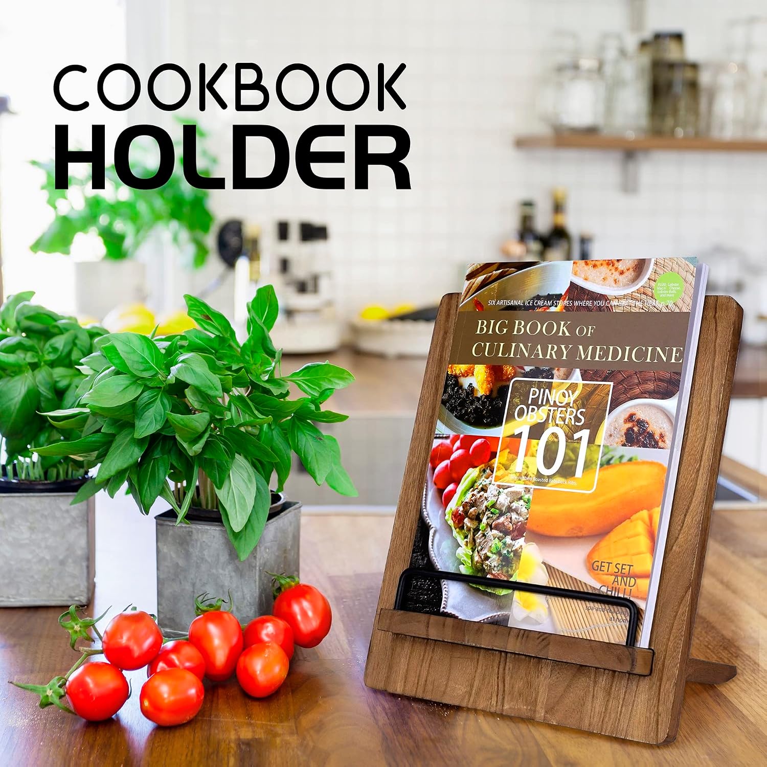 Cookbook Stand | Wood Cookbook Holder Cutting Board Style,Rustic Adjustable Pull-Out Recipe Holder Stand for Kitchen Counter (Shallow Wood)