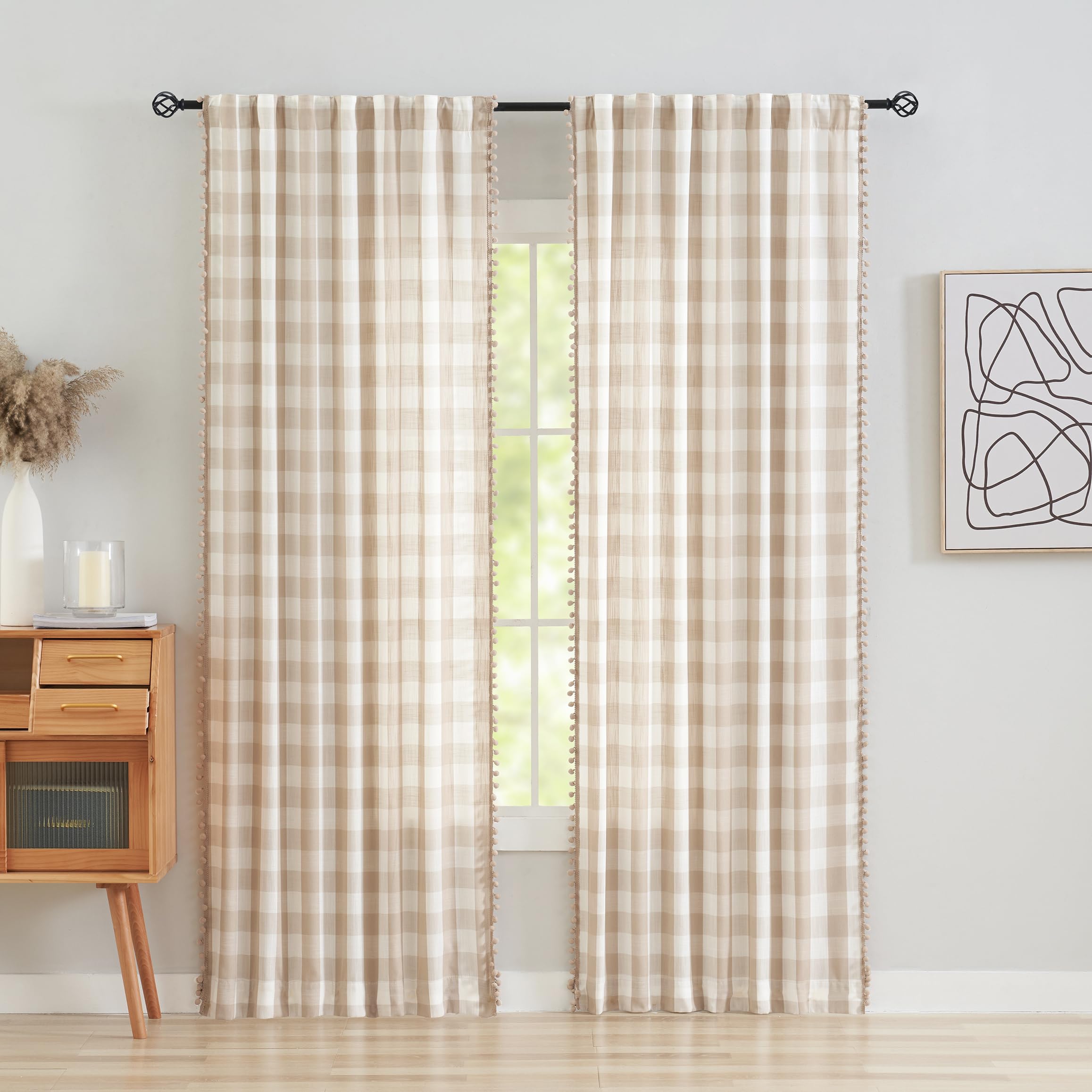 Lot de 2 rideaux semi-transparents à pompons pour salon, beige et blanc, motif à carreaux de buffle filtrant de la lumière, panneaux de fenêtre texturés en lin pour bureau, brun roux, 101.6x228.6 cm