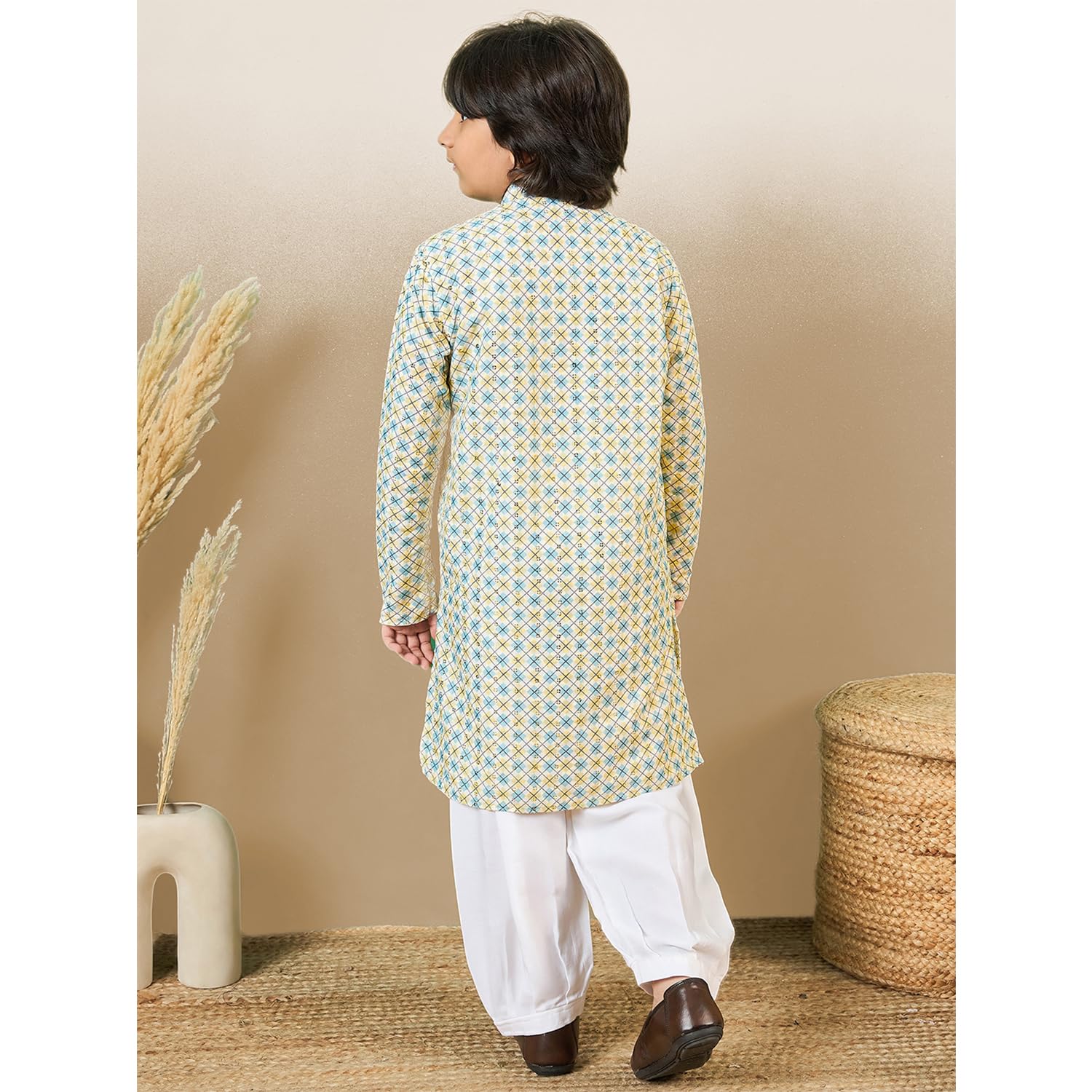 Sanwara Printed Light Yellow Kurta Set with Sequins for Boys (26) 1